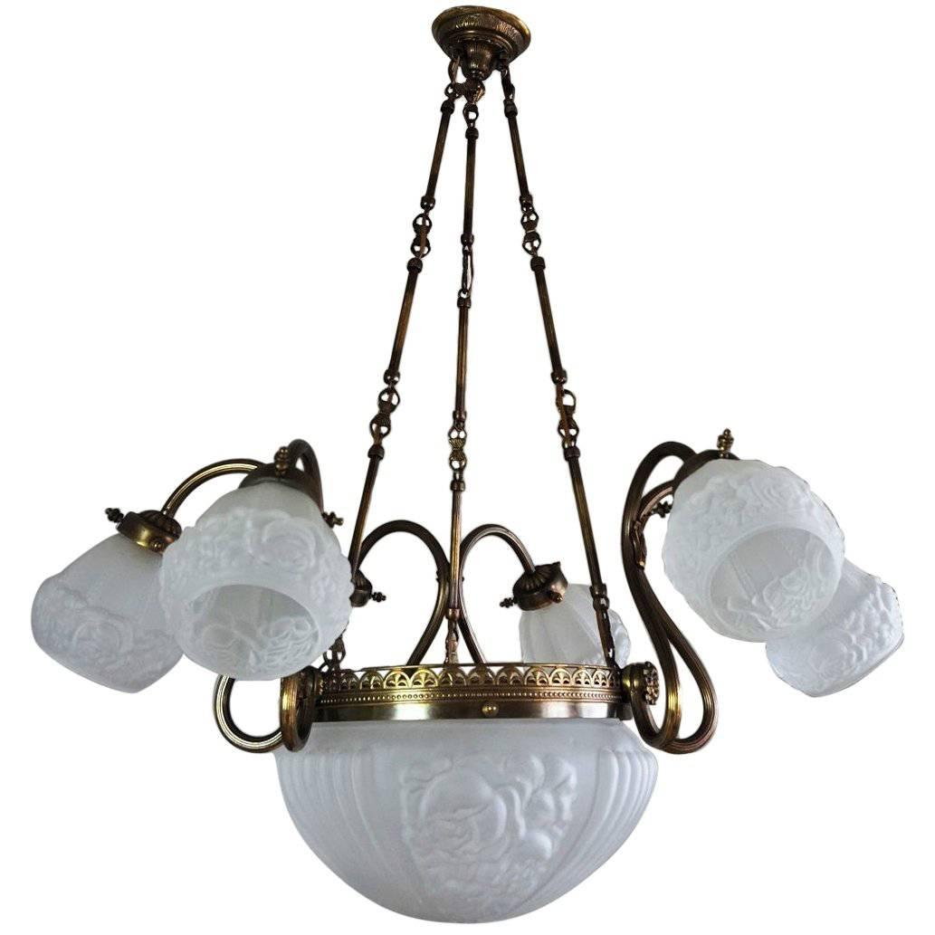 Midcentury Brass and Frosted Glass Large Nine-Light Chandelier