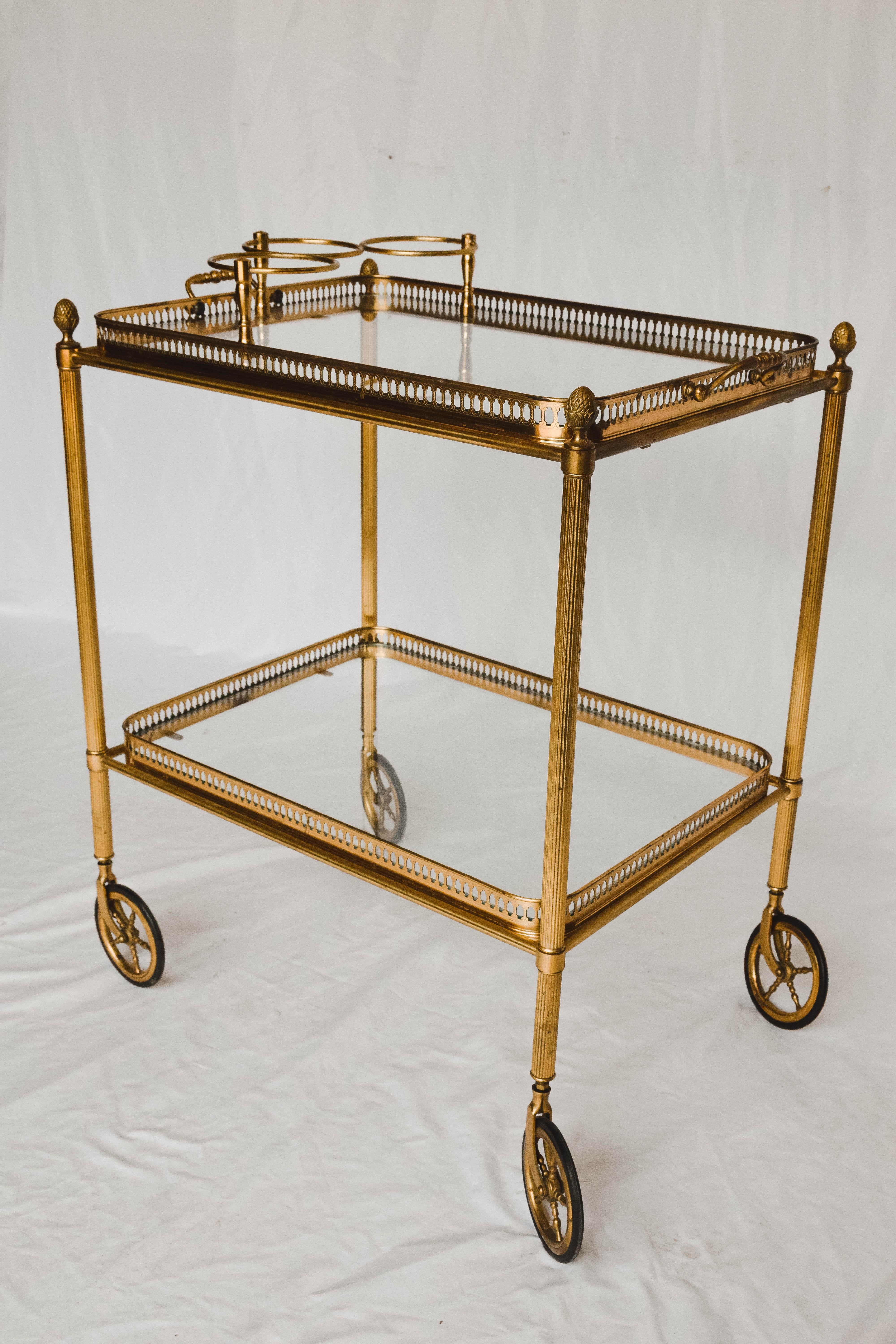Midcentury Brass and Glass Bar Cart In Good Condition In Houston, TX