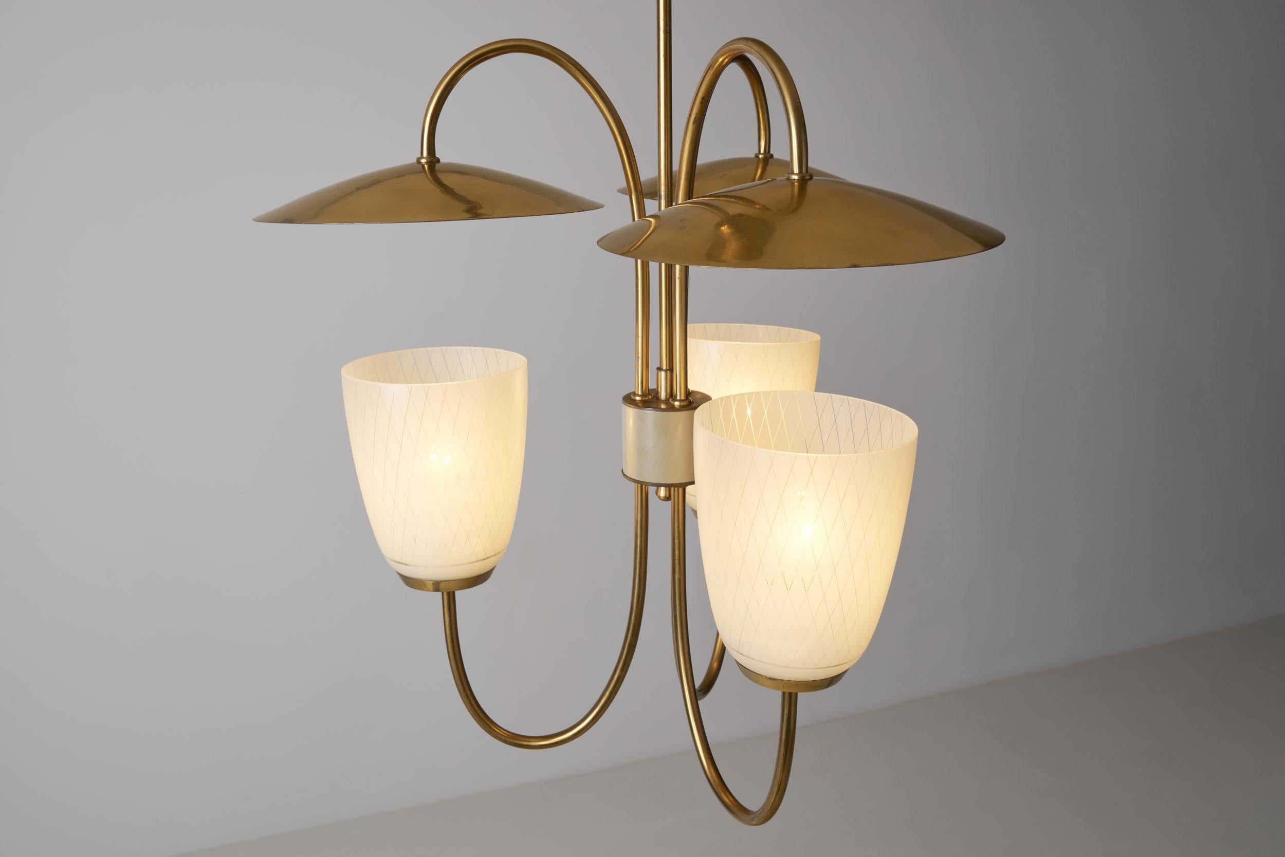 Mid-Century Brass and Glass Ceiling Lamp, Scandinavia, 1950s 6