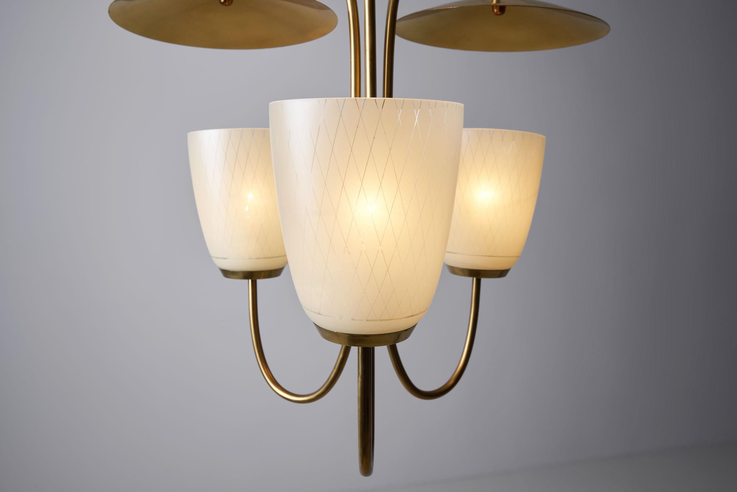 Mid-Century Brass and Glass Ceiling Lamp, Scandinavia, 1950s 8