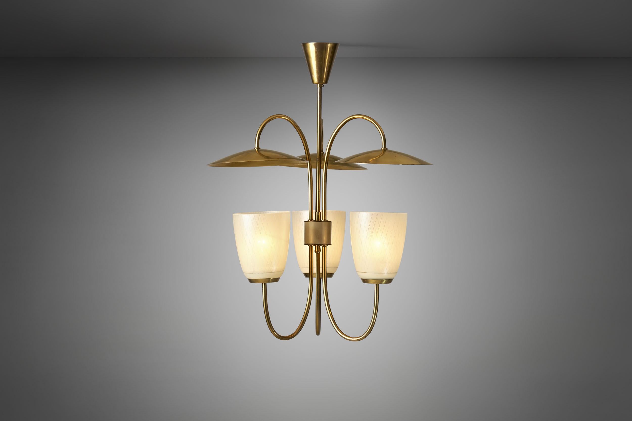 Scandinavian Mid-Century Brass and Glass Ceiling Lamp, Scandinavia, 1950s