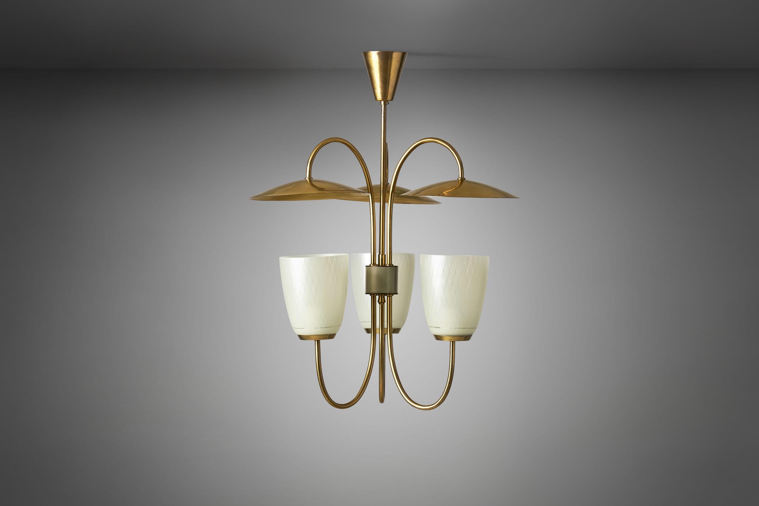 Mid-Century Brass and Glass Ceiling Lamp, Scandinavia, 1950s In Good Condition In Utrecht, NL