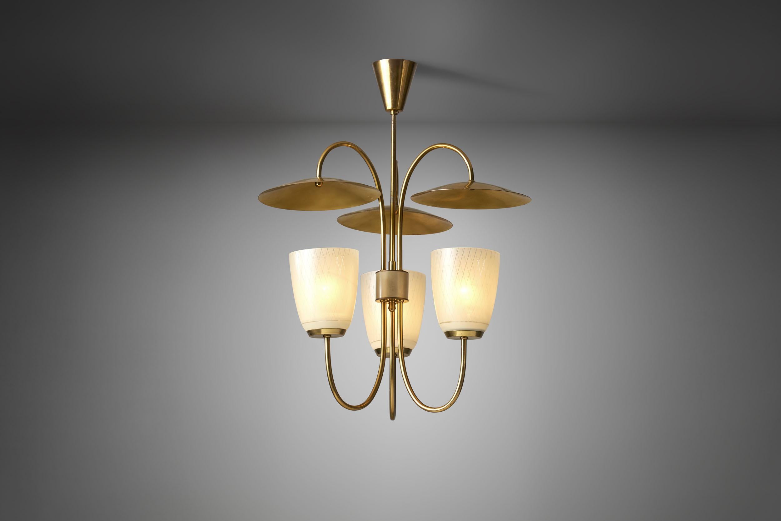Mid-20th Century Mid-Century Brass and Glass Ceiling Lamp, Scandinavia, 1950s