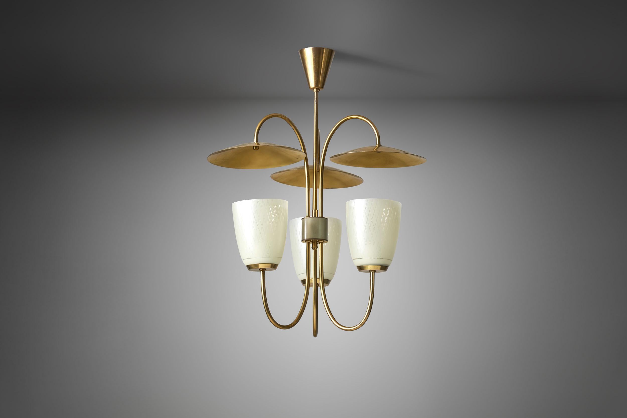 Mid-Century Brass and Glass Ceiling Lamp, Scandinavia, 1950s 1