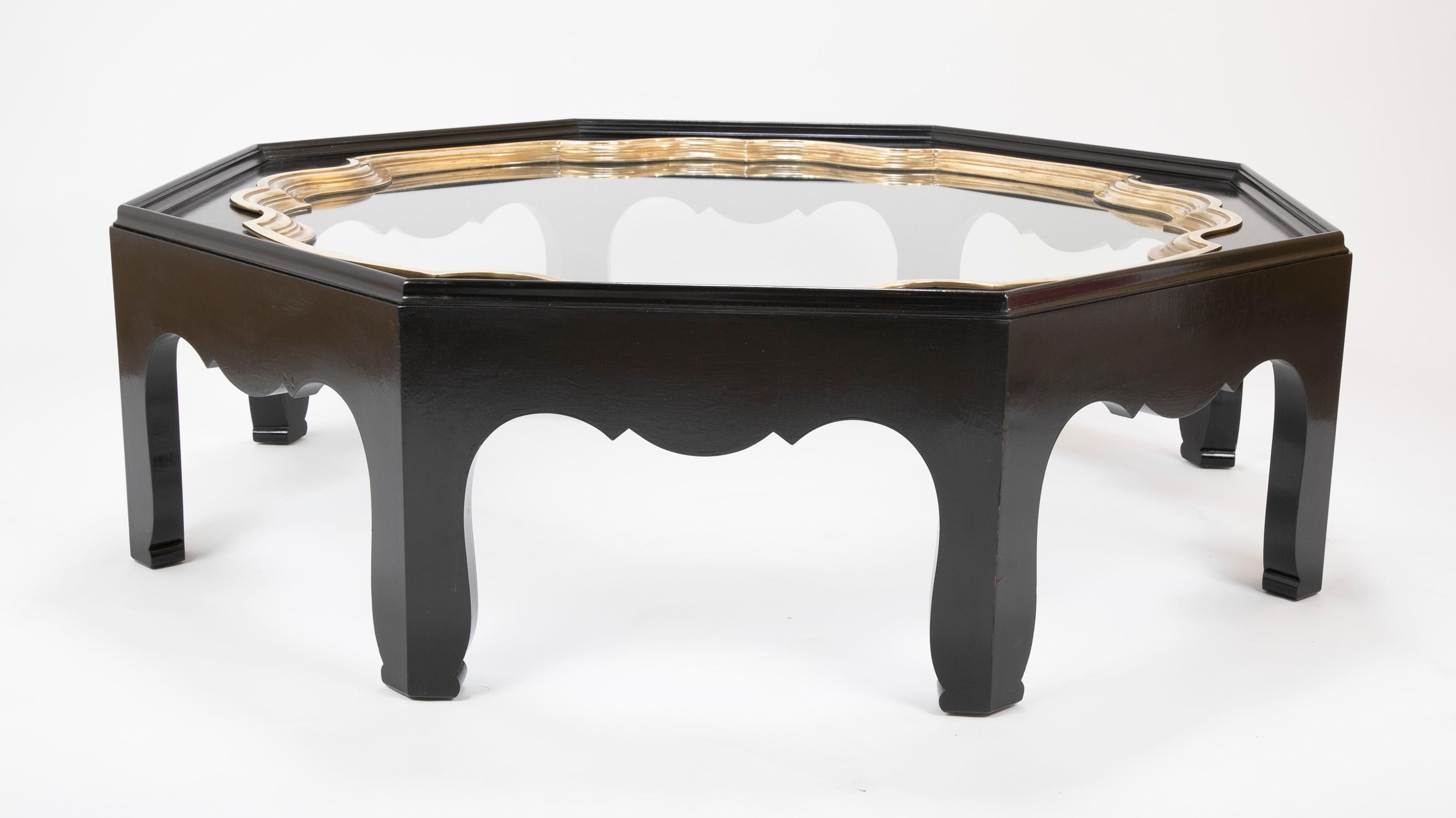 Mid-Century Modern Midcentury Brass and Glass Coffee Table with Black Lacquer Base