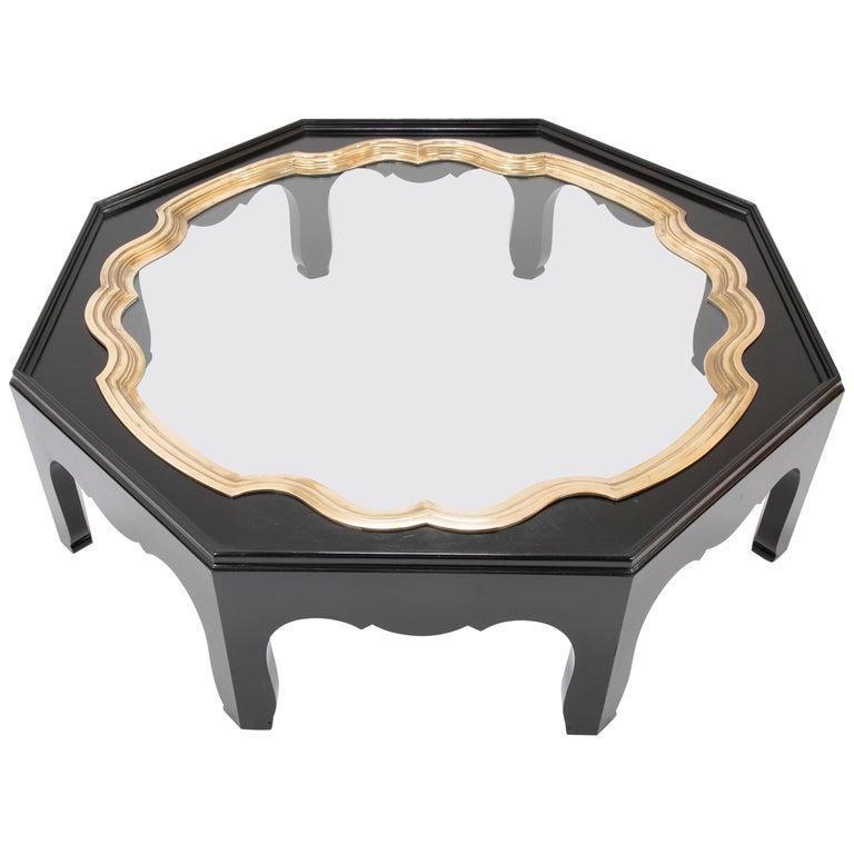 Midcentury Brass and Glass Coffee Table with Black Lacquer Base at 1stDibs