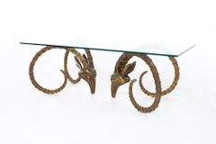 Mid Century Brass and Glass Ibex Rams Head Coffee Table