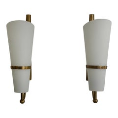 Mid-Century Brass and Glass Pair of Sconces attr. Fontana Arte, 1950s, Italy