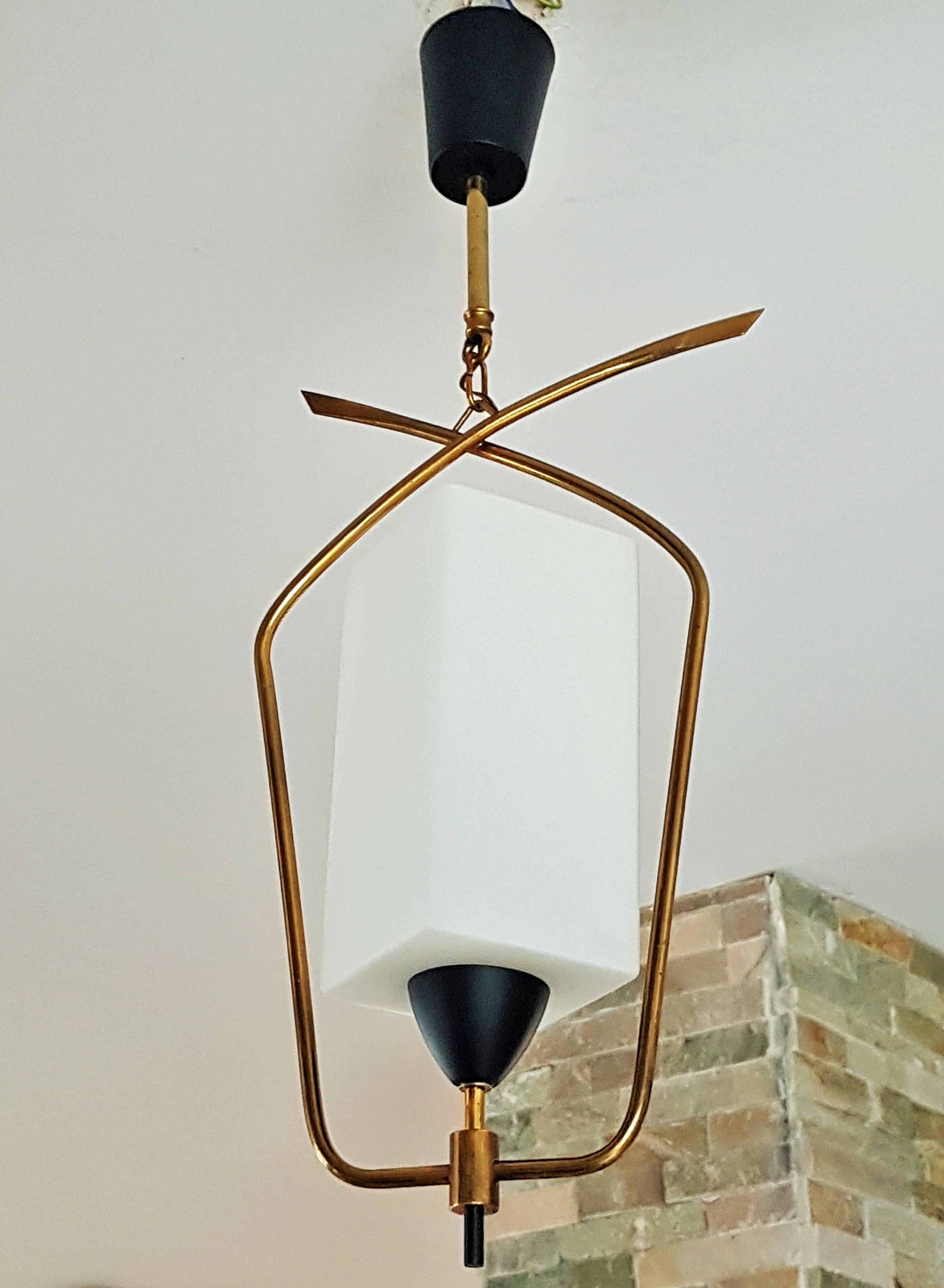 Midcentury Brass and Glass Pendant Lantern by Arlus Lunel, France, 1950 For Sale 5