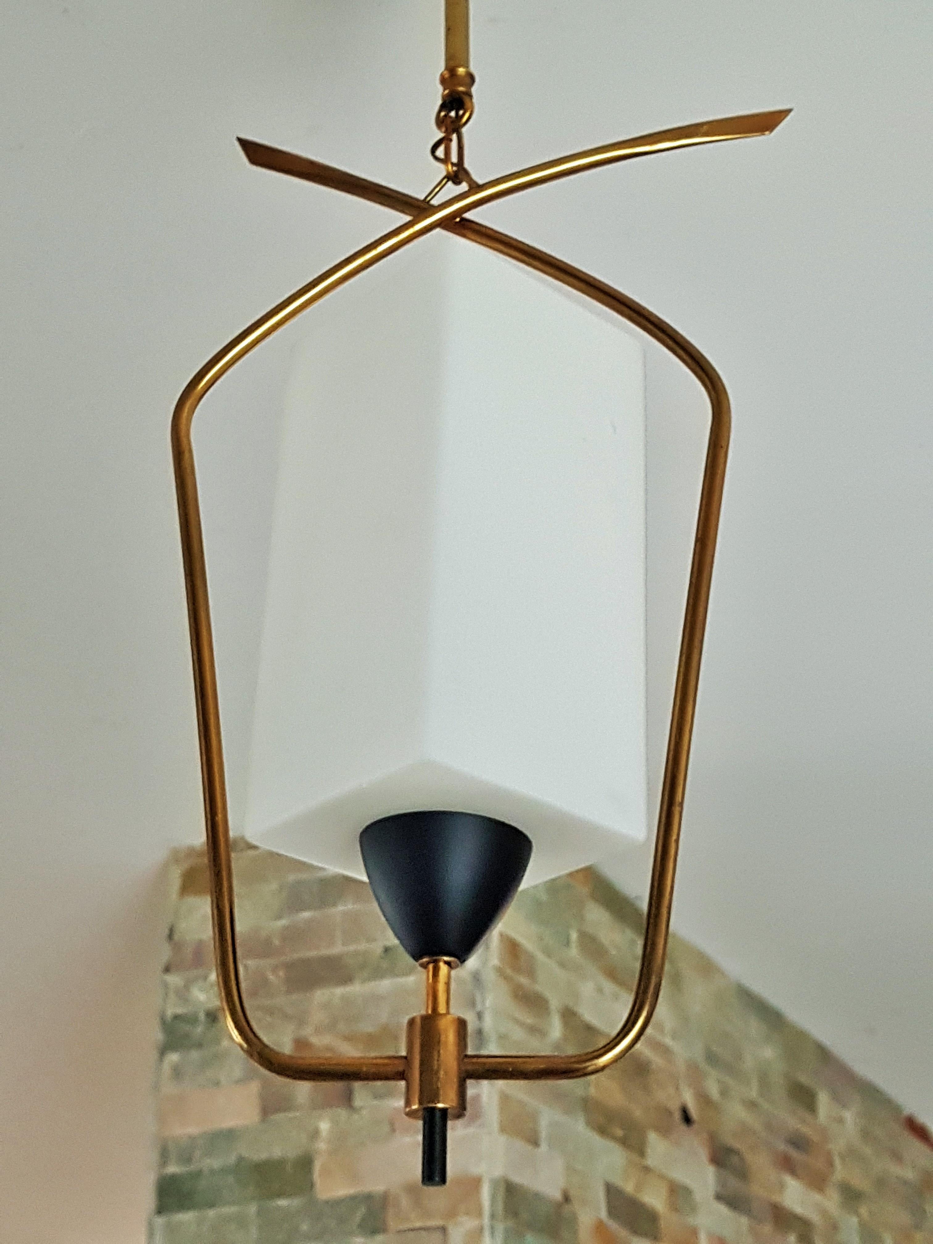 Midcentury Brass and Glass Pendant Lantern by Arlus Lunel, France, 1950 For Sale 7