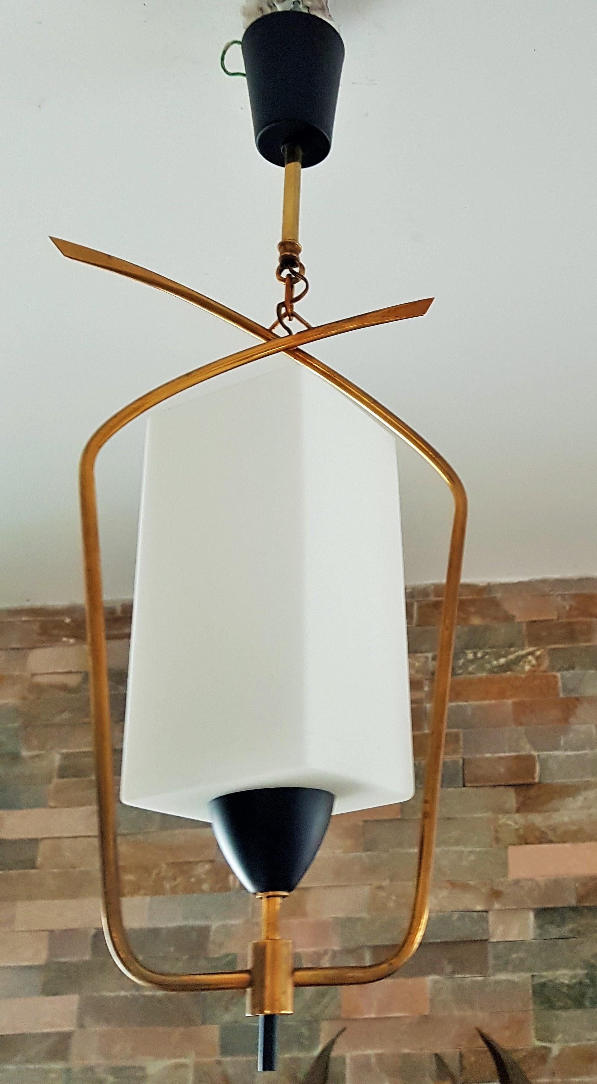 Midcentury Brass and Glass Pendant Lantern by Arlus Lunel, France, 1950 For Sale 8