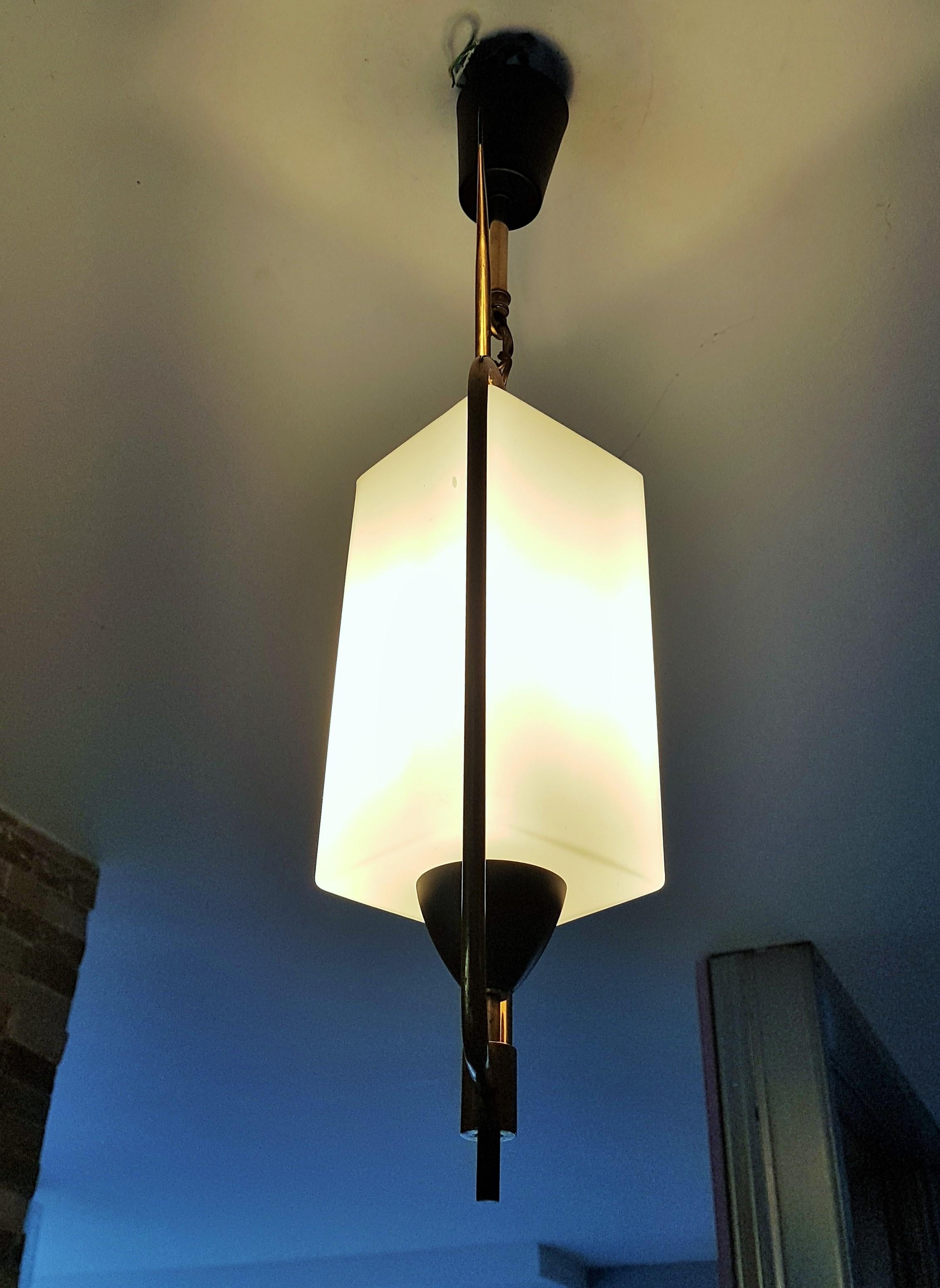 Mid-Century Modern Midcentury Brass and Glass Pendant Lantern by Arlus Lunel, France, 1950 For Sale