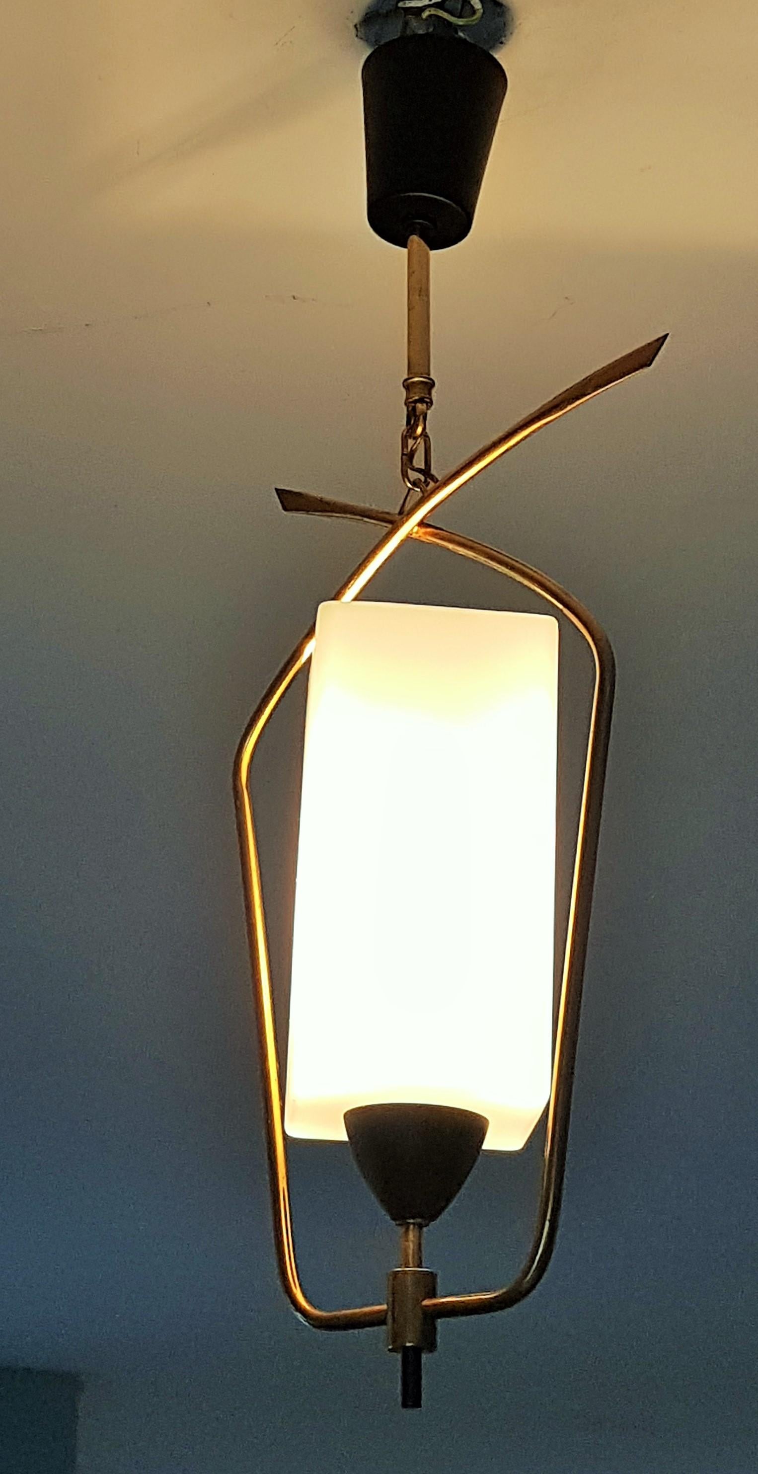 French Midcentury Brass and Glass Pendant Lantern by Arlus Lunel, France, 1950 For Sale