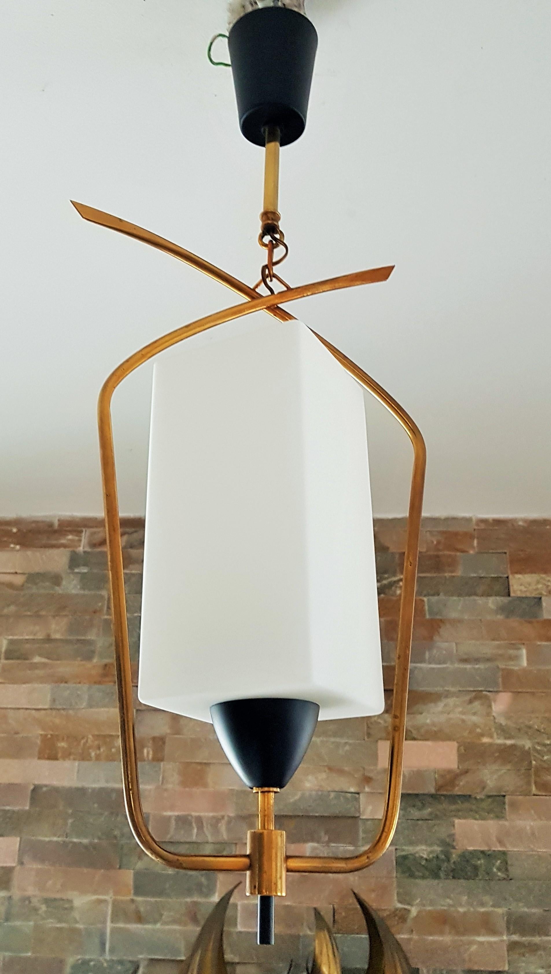 Mid-20th Century Midcentury Brass and Glass Pendant Lantern by Arlus Lunel, France, 1950 For Sale