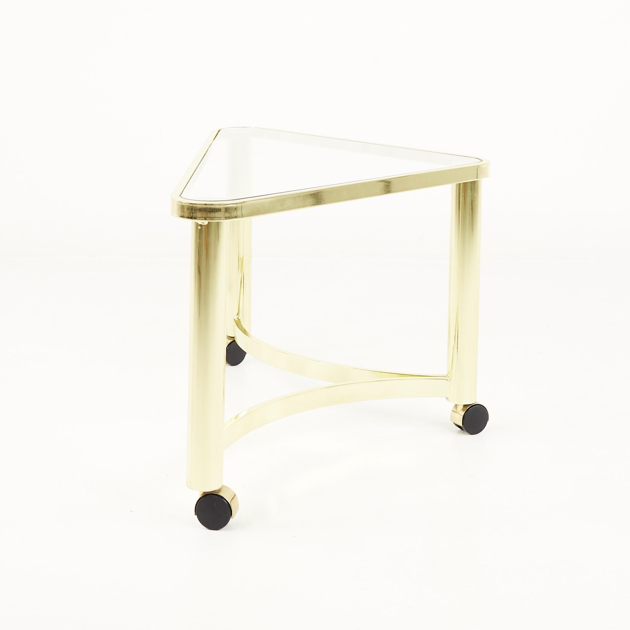 American Mid Century Brass and Glass Side Table with Casters