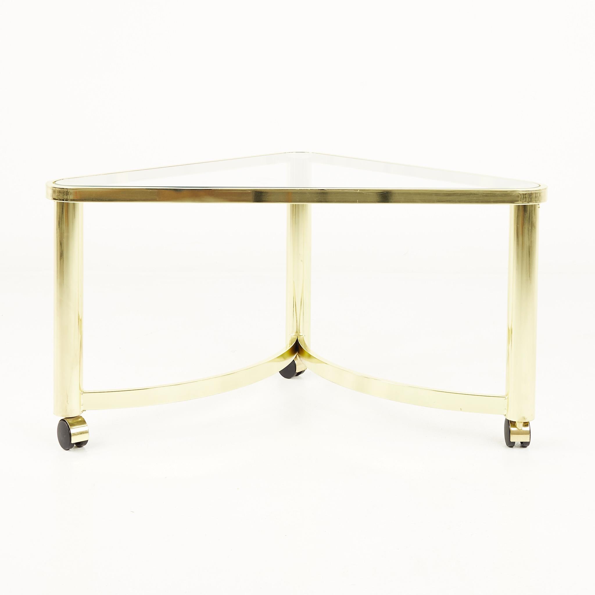 Mid Century Brass and Glass Side Table with Casters In Good Condition In Countryside, IL