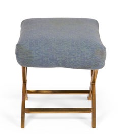 Mid-Century Brass and Gray-Blue Cotton Upholstery X-Bench