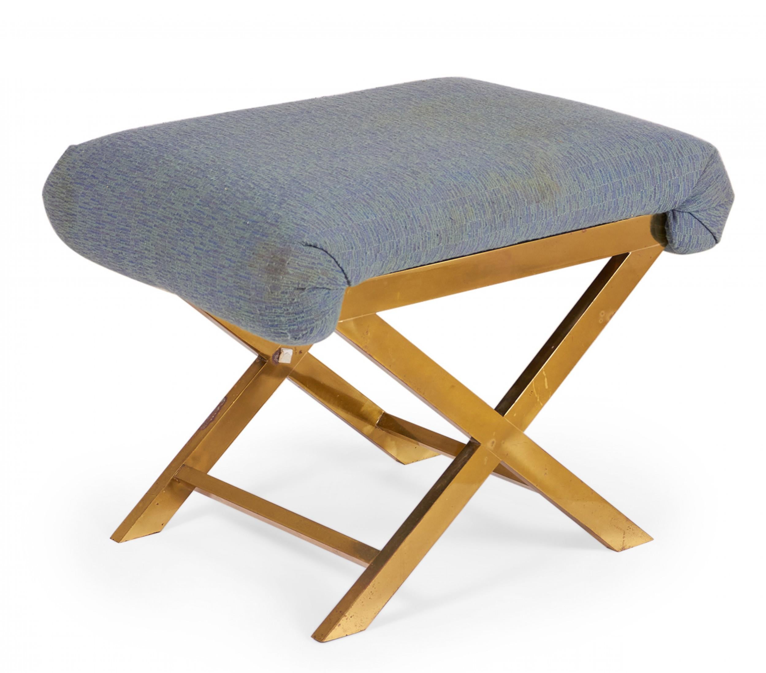 Mid-Century Modern Mid-Century Brass and Gray-Blue Cotton Upholstery X-Bench For Sale