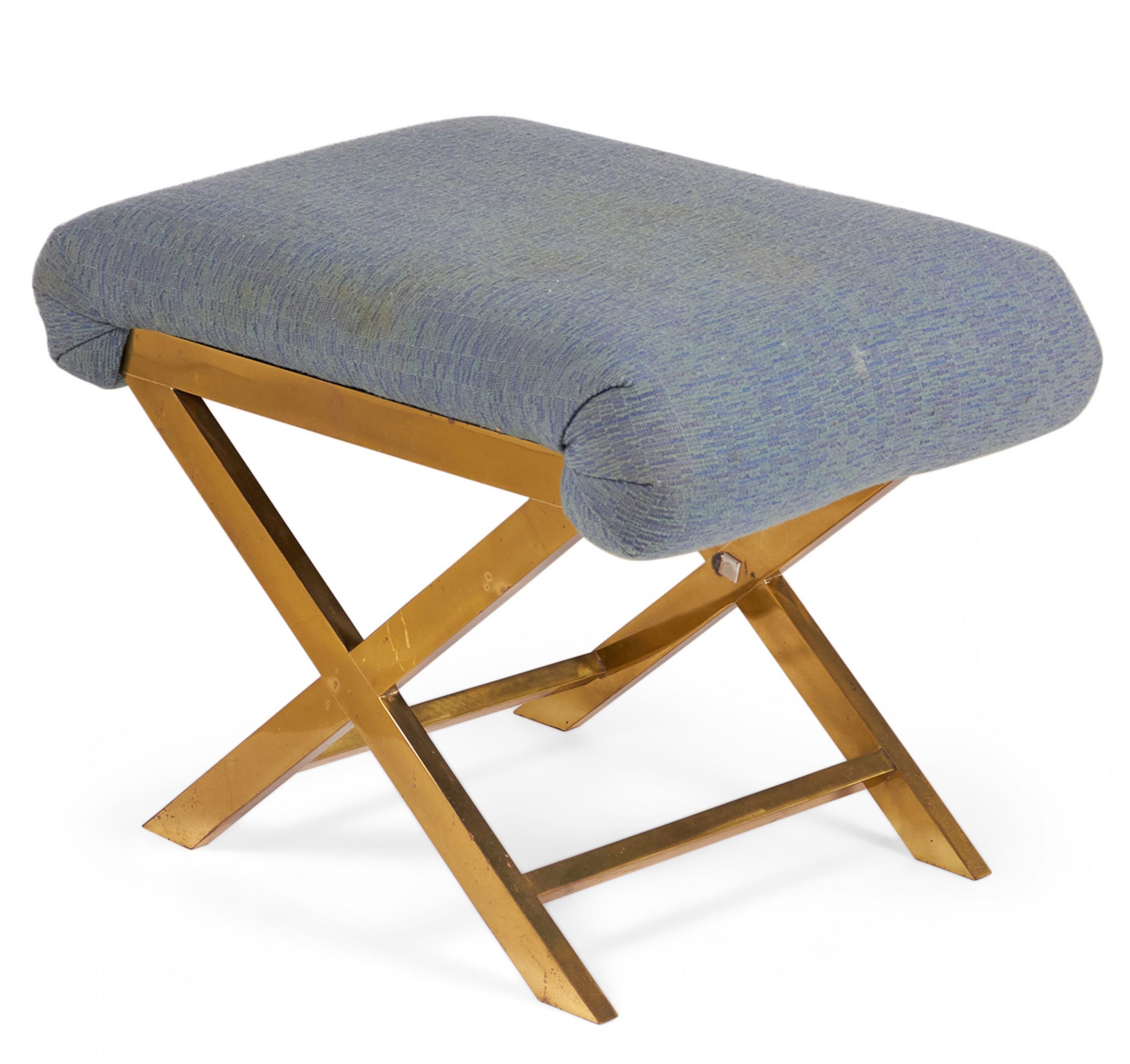 20th Century Mid-Century Brass and Gray-Blue Cotton Upholstery X-Bench For Sale