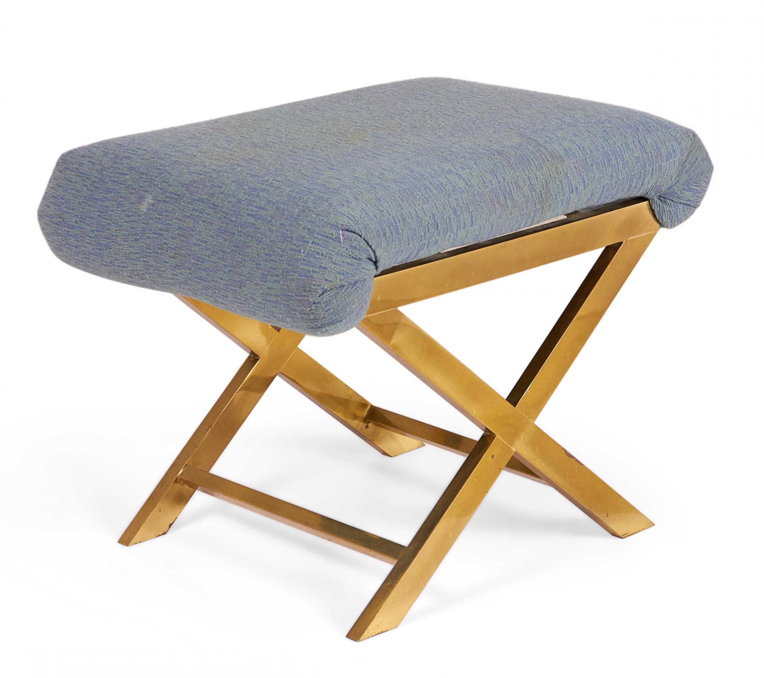 Mid-Century Brass and Gray-Blue Cotton Upholstery X-Bench For Sale 1