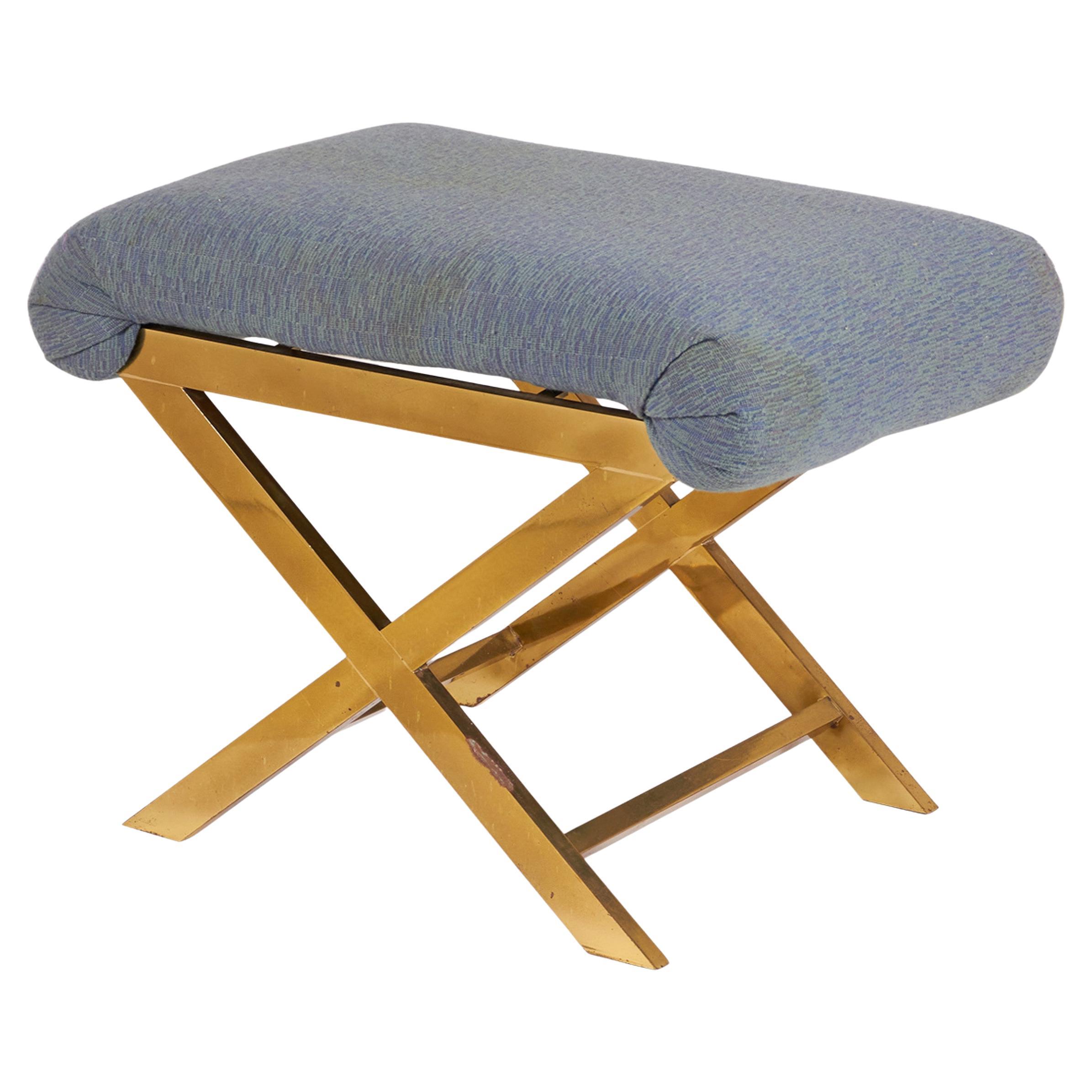 Mid-Century Brass and Gray-Blue Cotton Upholstery X-Bench For Sale