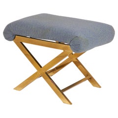 Mid-Century Brass and Gray-Blue Cotton Upholstery X-Bench