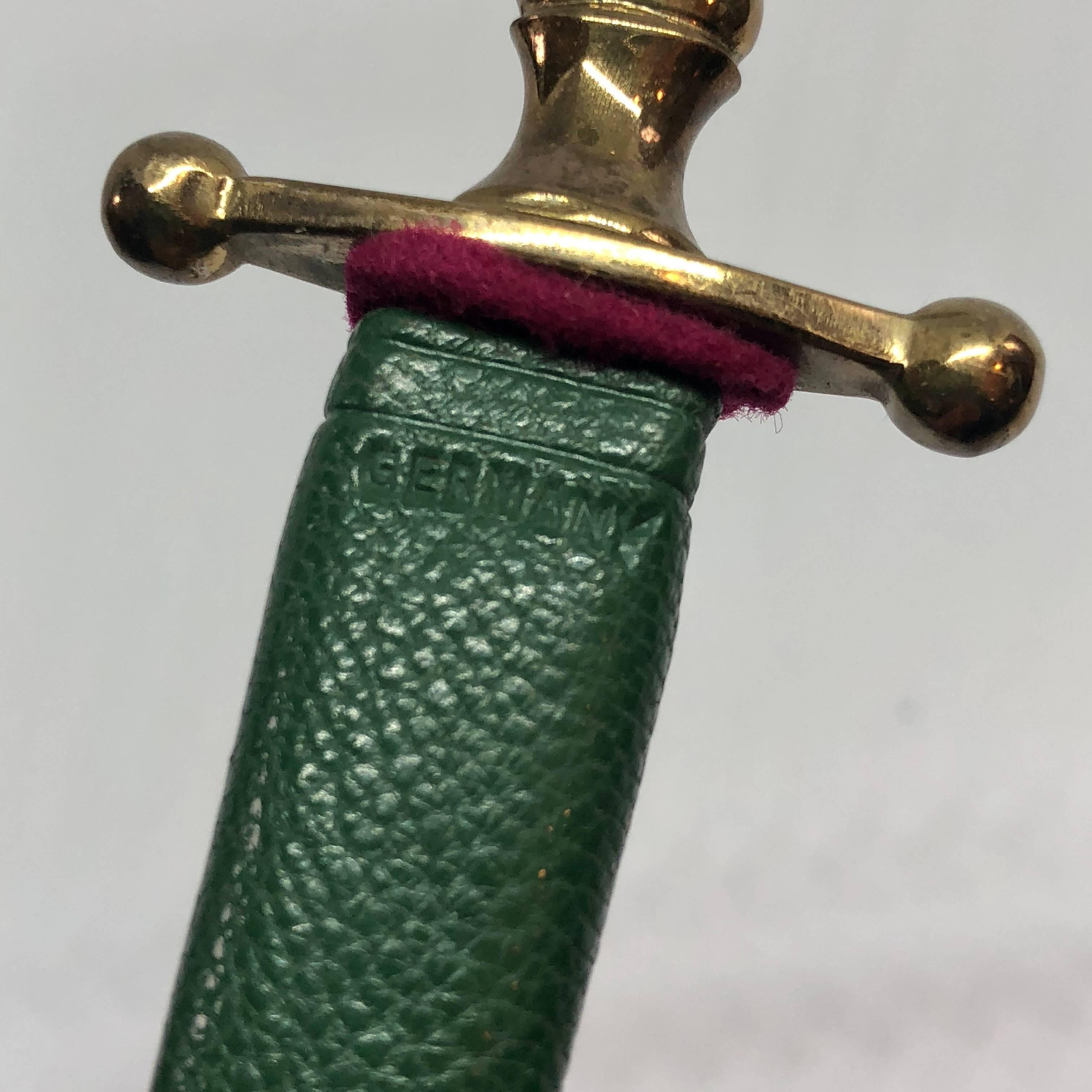 Empire Midcentury Brass and Green Enamel Letter Opener, Solingen Germany