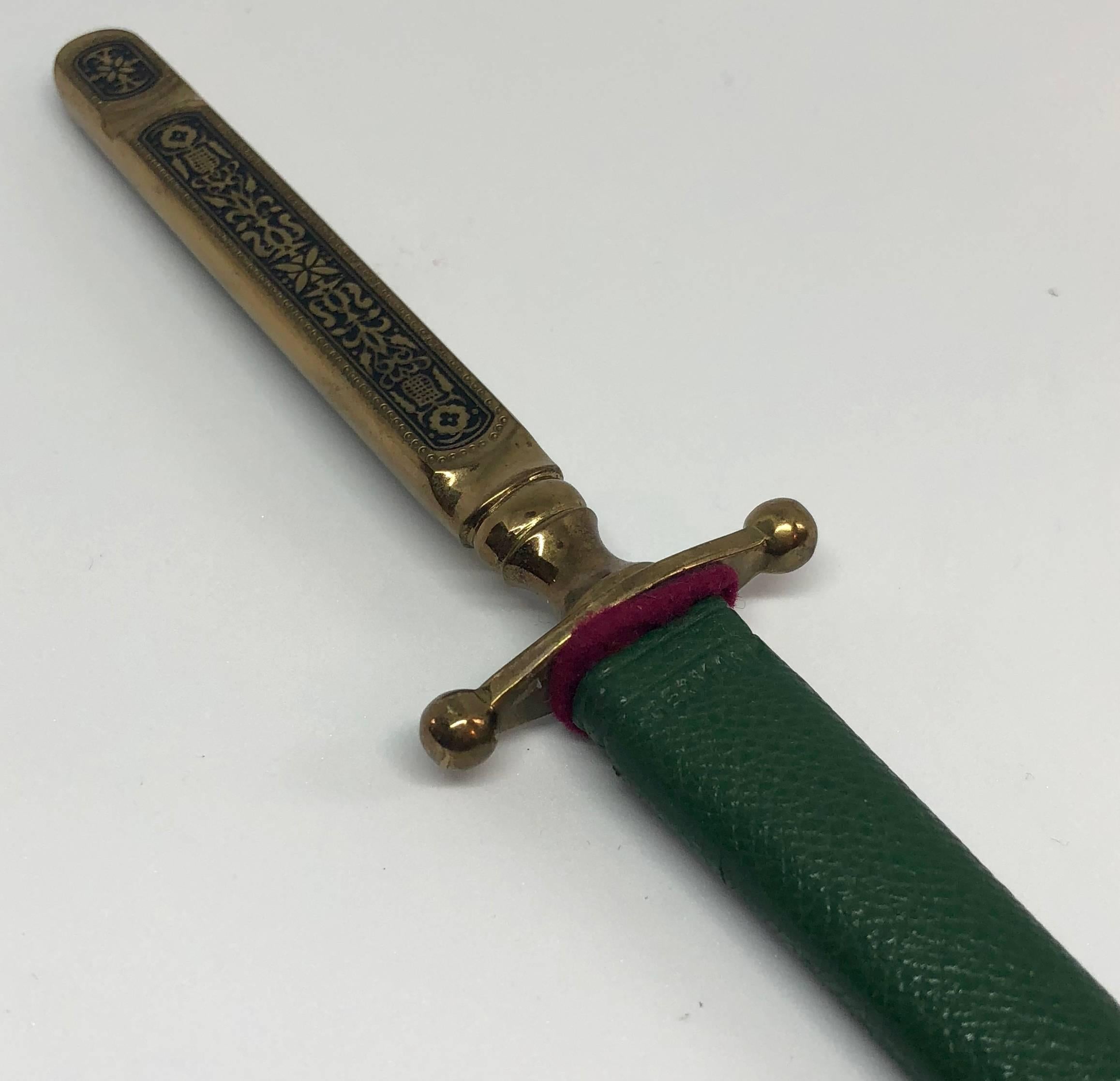 Midcentury Brass and Green Enamel Letter Opener, Solingen Germany In Good Condition In Haddonfield, NJ