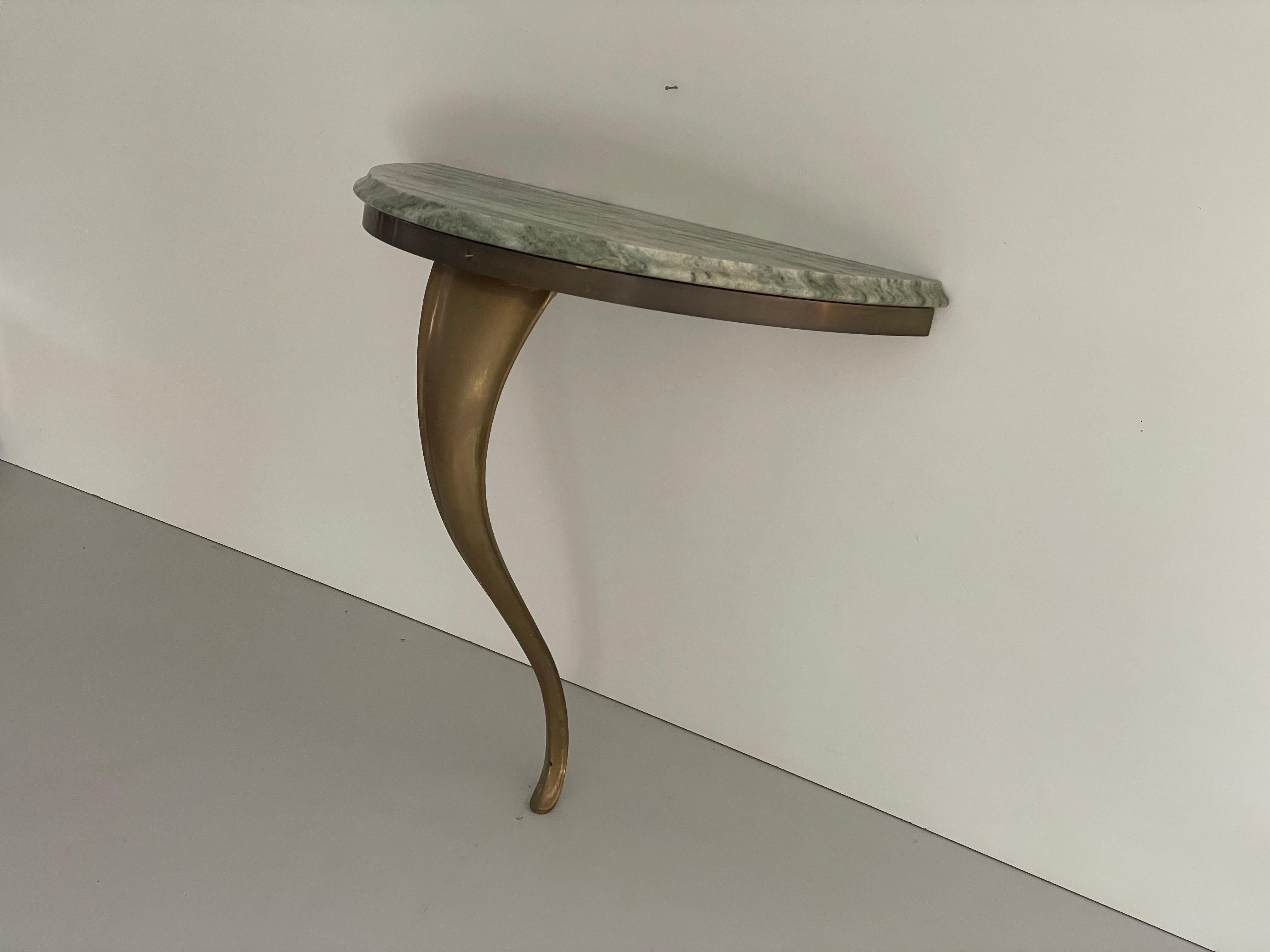 Consola de pared flotante de mediados de siglo, latón y tapa de mármol verde, años 50, Italia en venta 4