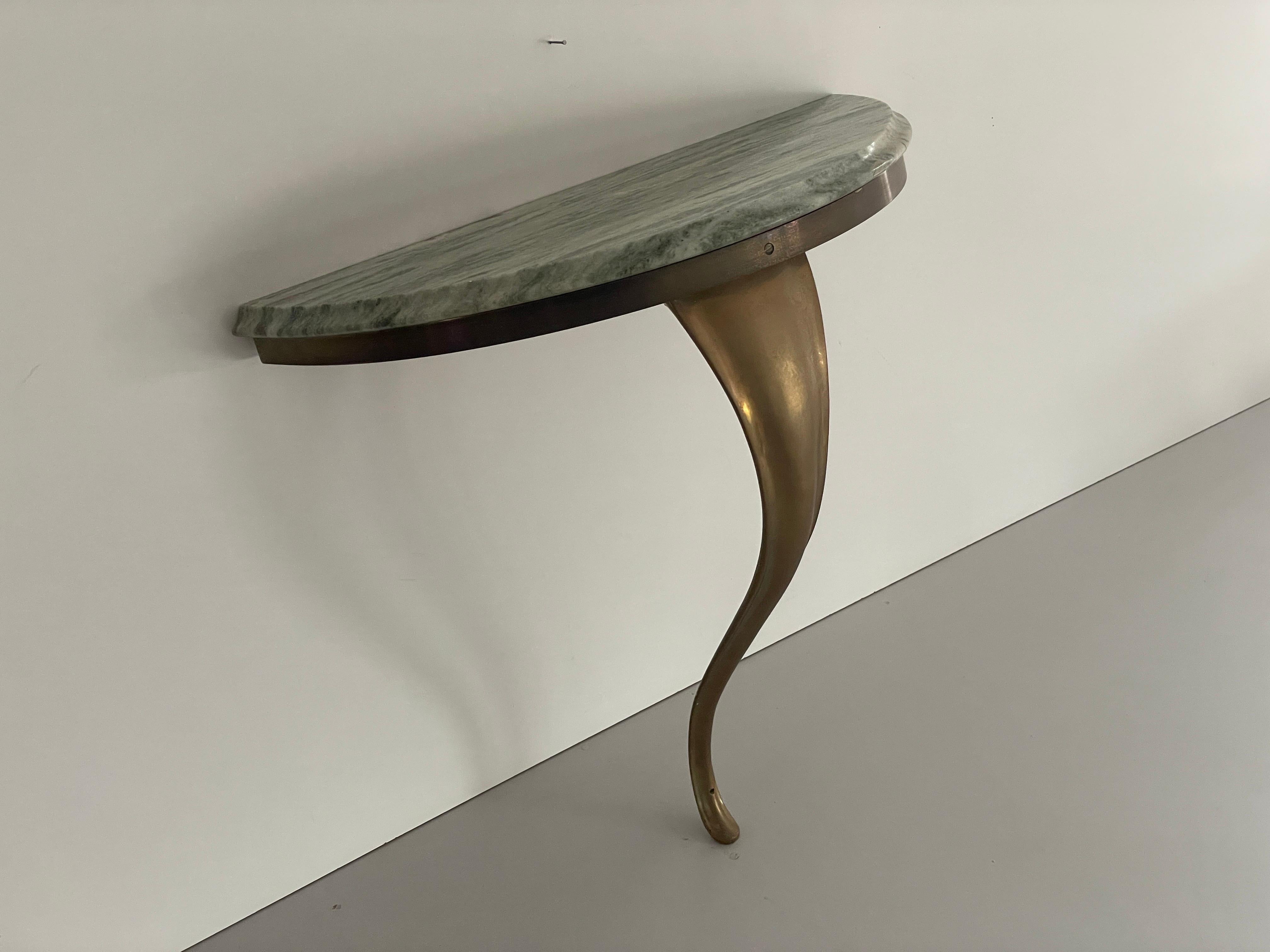 Consola de pared flotante de mediados de siglo, latón y tapa de mármol verde, años 50, Italia en venta 5