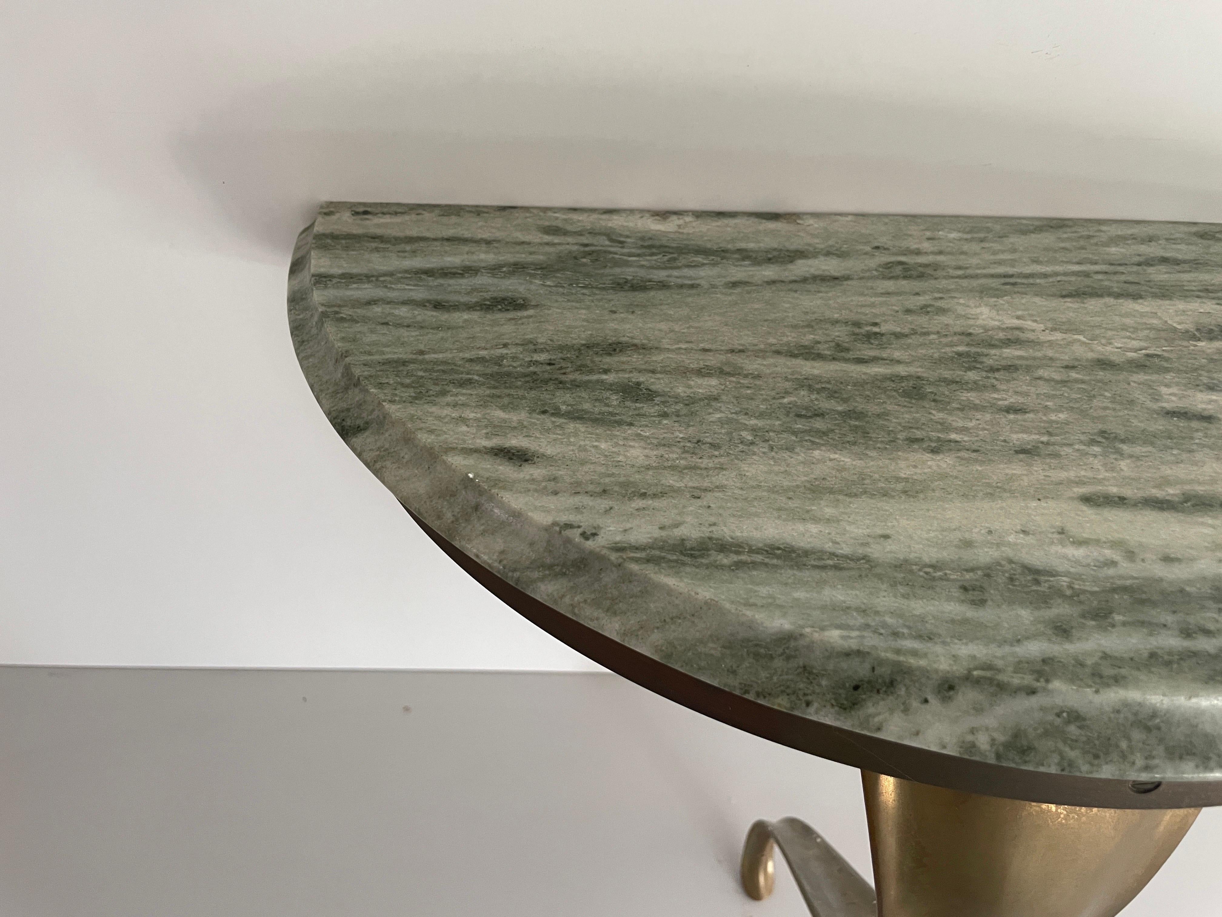 Consola de pared flotante de mediados de siglo, latón y tapa de mármol verde, años 50, Italia en venta 7