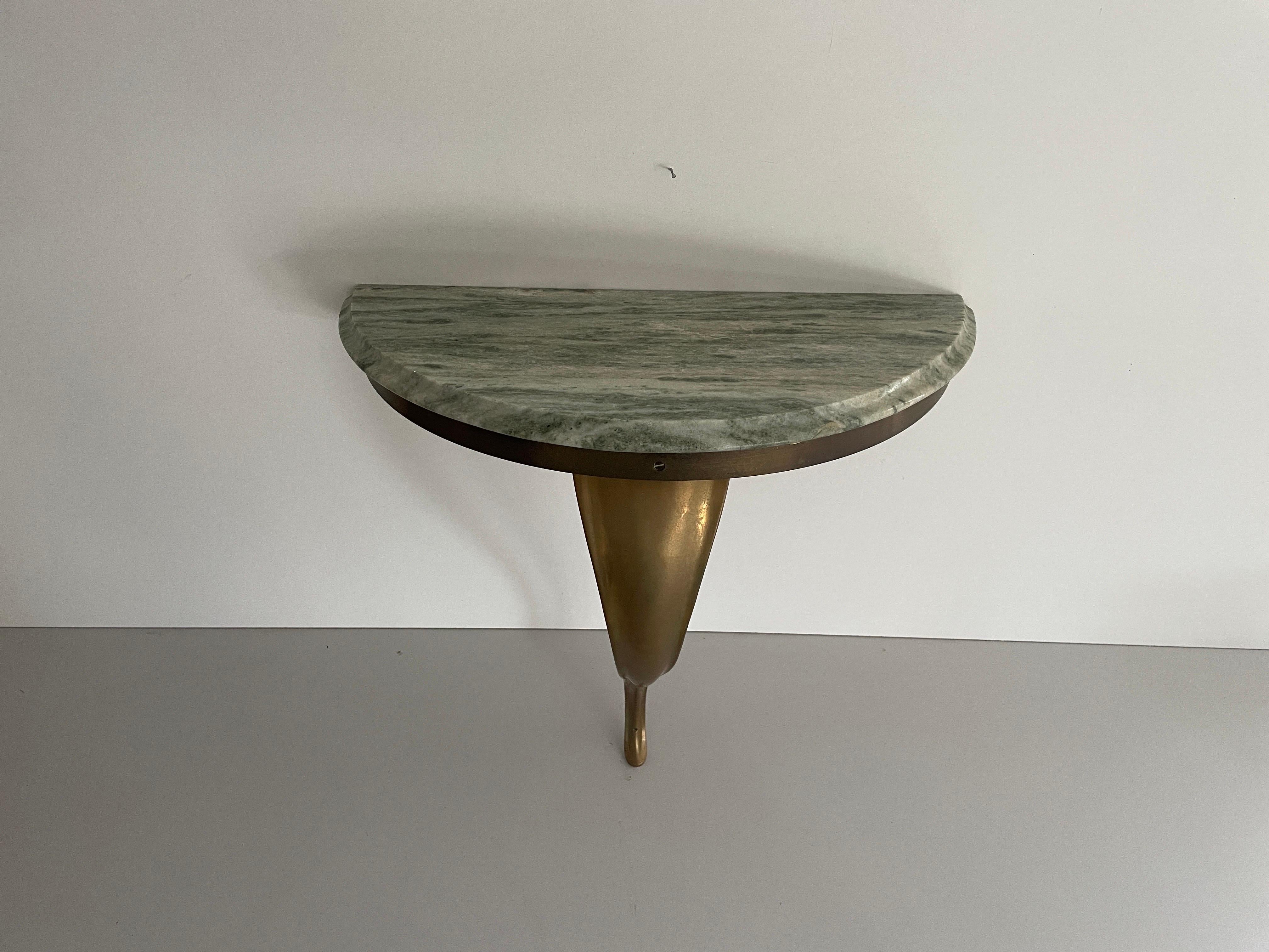Consola de pared flotante de mediados de siglo, latón y tapa de mármol verde, años 50, Italia mediados del siglo XX en venta