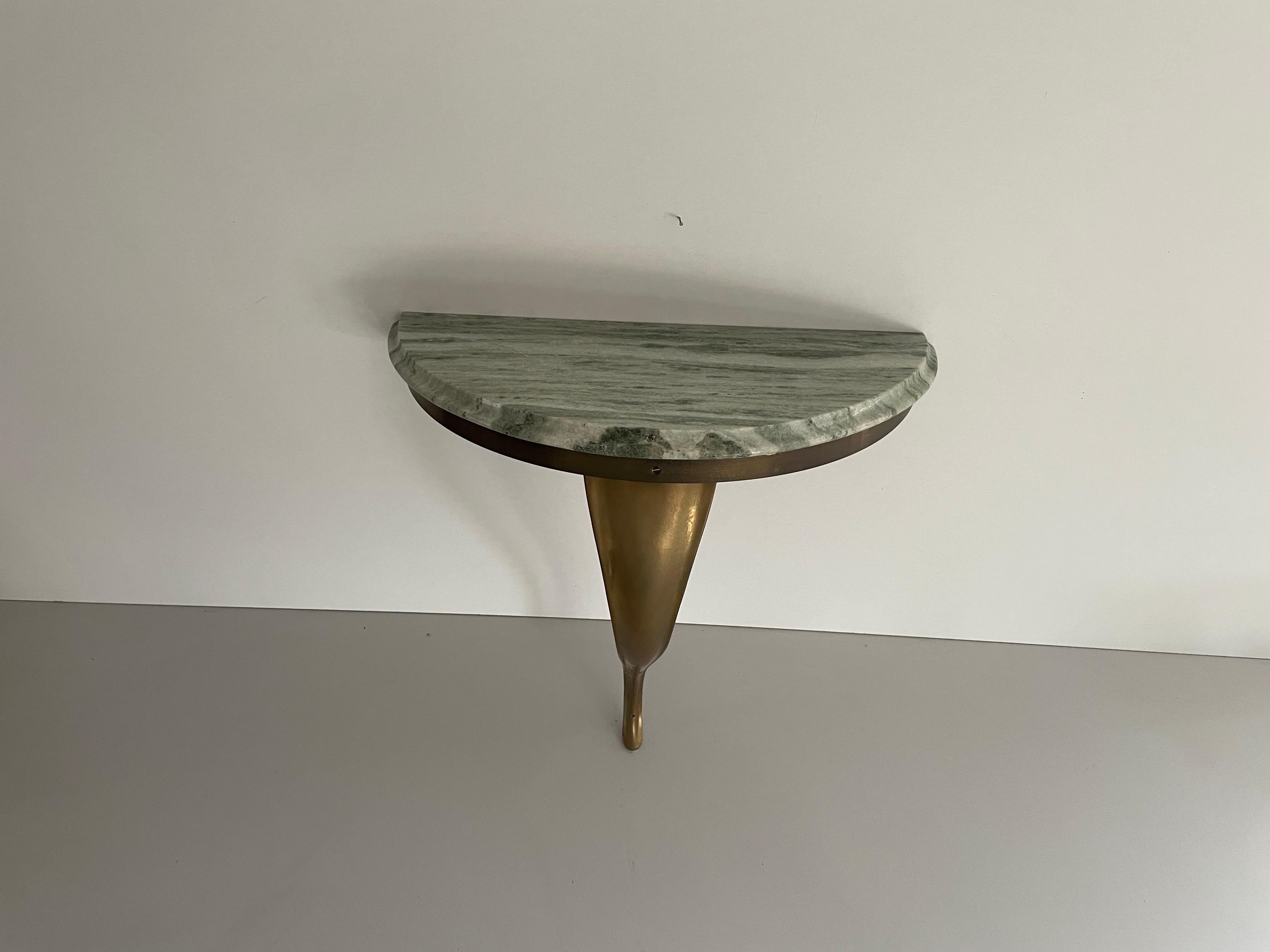 Consola de pared flotante de mediados de siglo, latón y tapa de mármol verde, años 50, Italia mediados del siglo XX en venta
