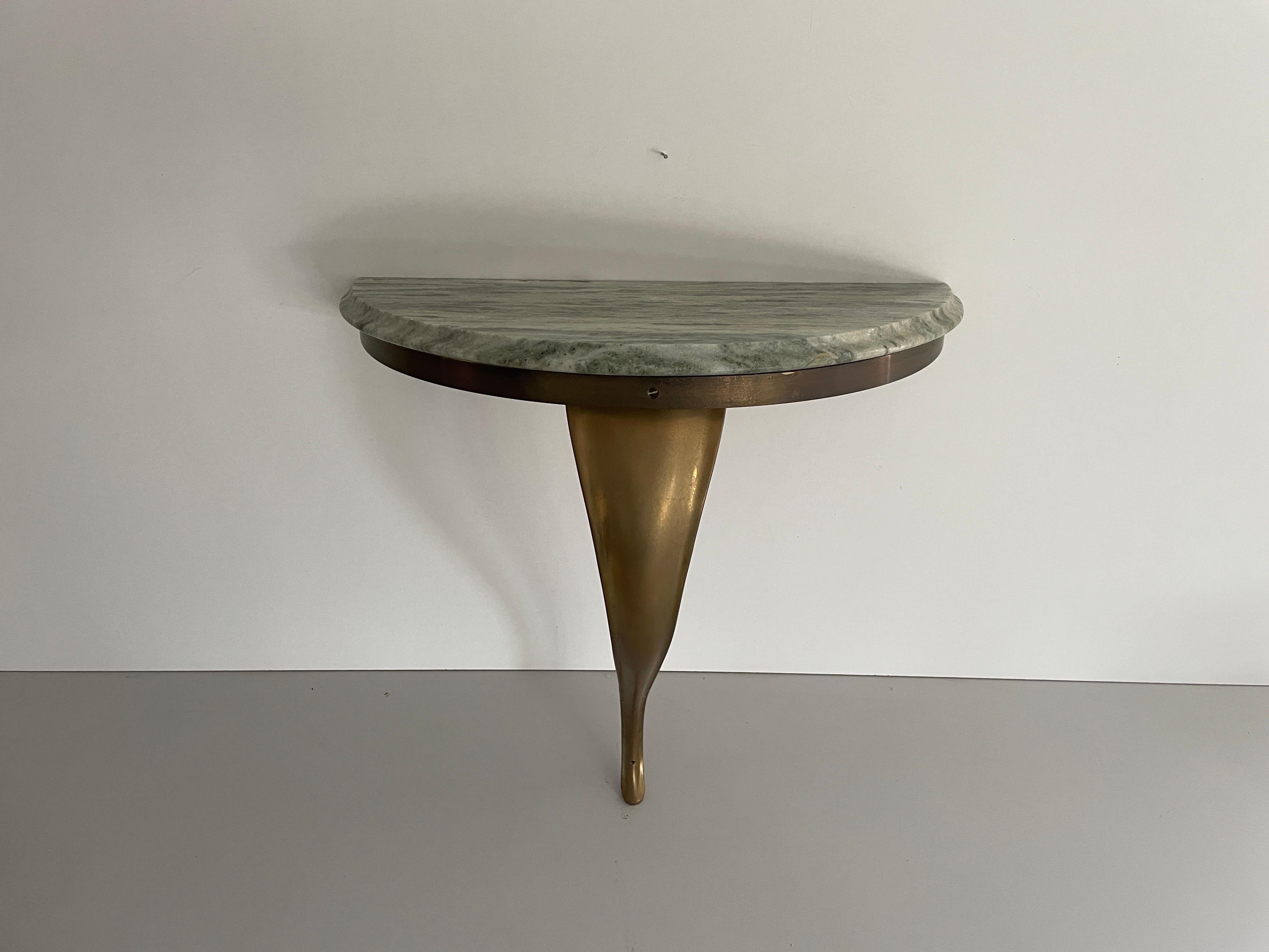 Consola de pared flotante de mediados de siglo, latón y tapa de mármol verde, años 50, Italia en venta 2