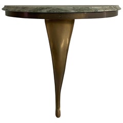 Mid-Century Brass and Green Marble Top Floating Wall Console Table, 1950s, Italy