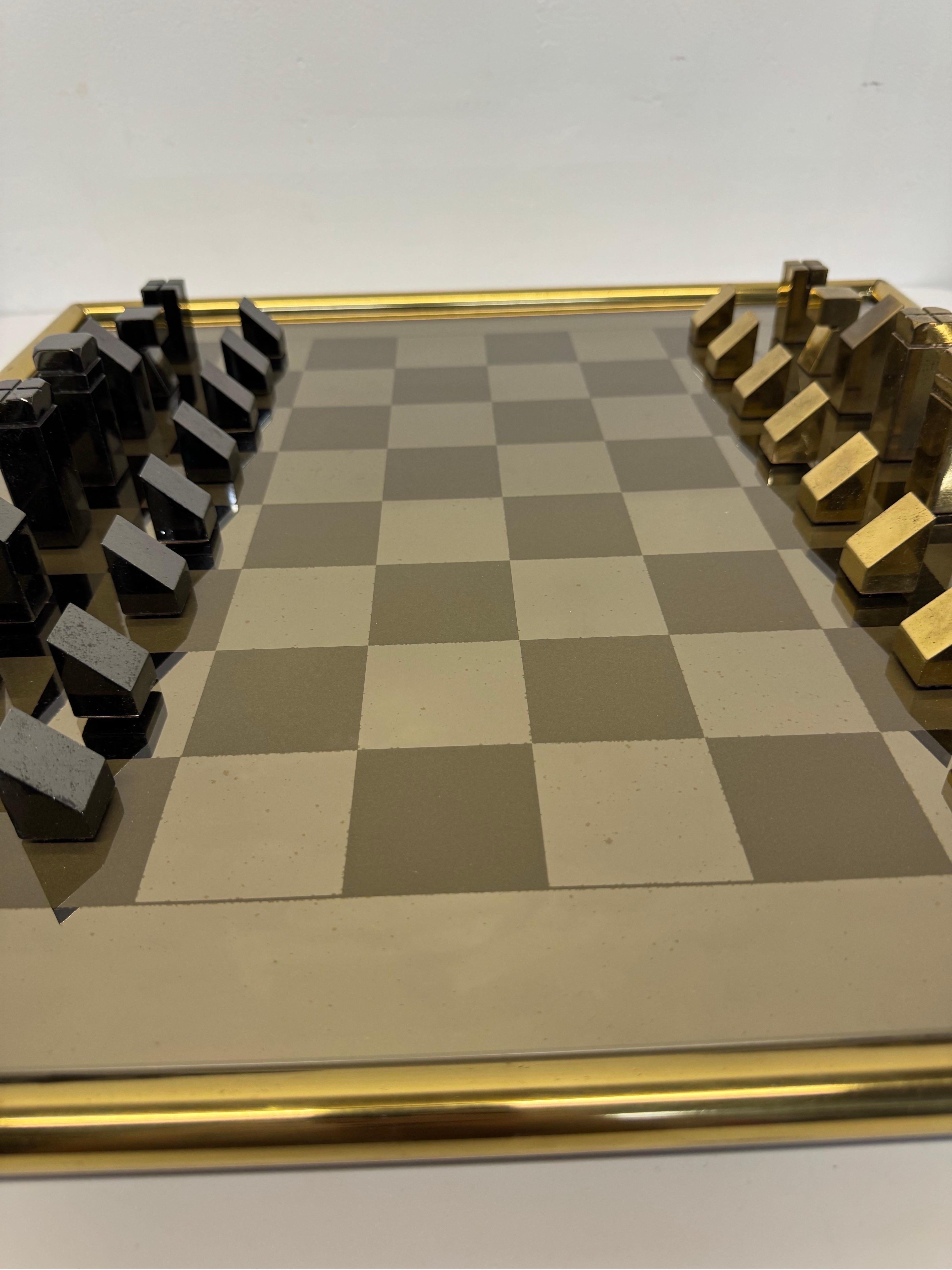 Mid-Century Brass and Gunmetal Chess Set With Mirrored Glass Inset Board, 1970s For Sale 3