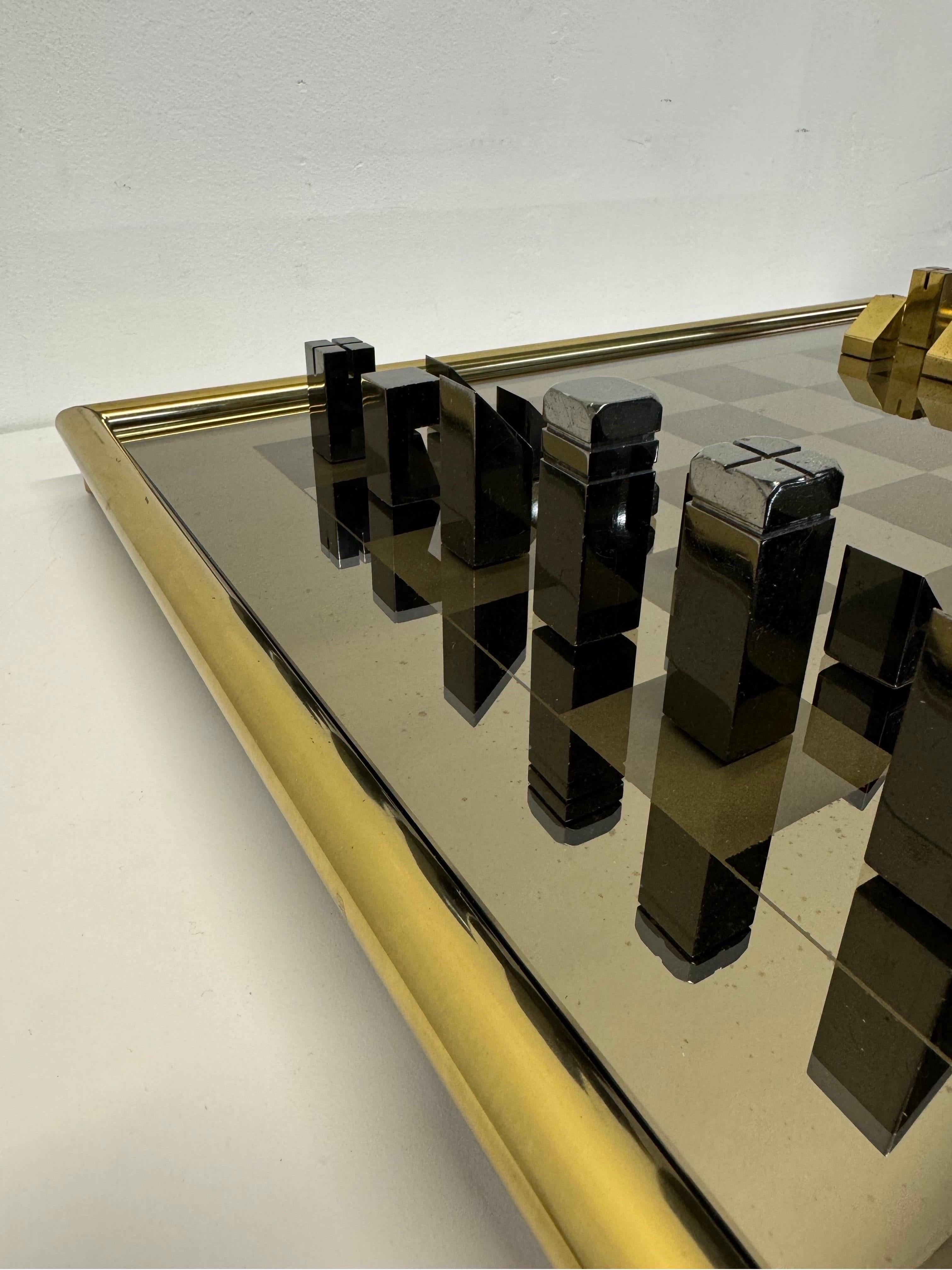 Mid-Century Brass and Gunmetal Chess Set With Mirrored Glass Inset Board, 1970s For Sale 4