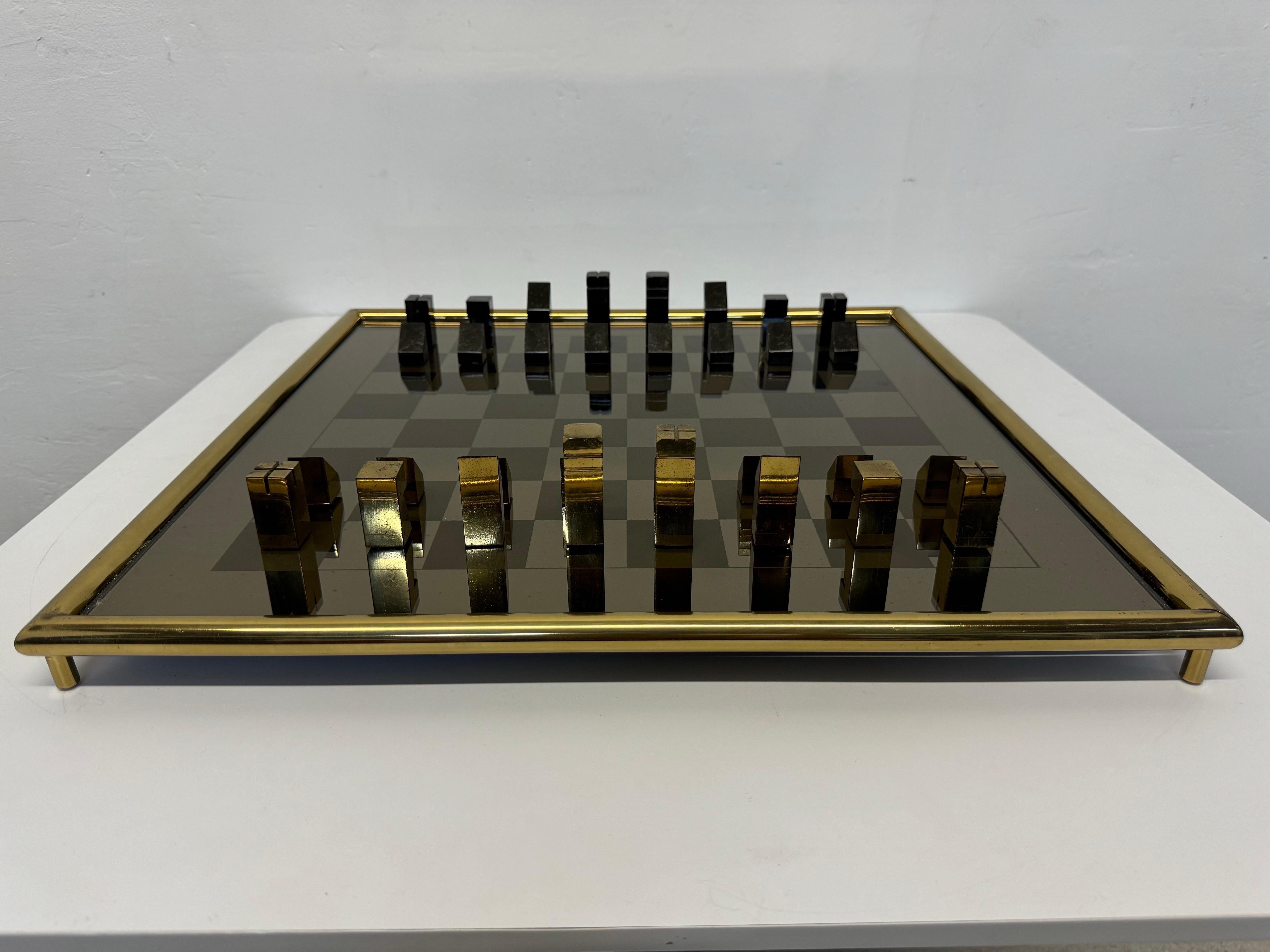 Mid-Century Modern Mid-Century Brass and Gunmetal Chess Set With Mirrored Glass Inset Board, 1970s For Sale