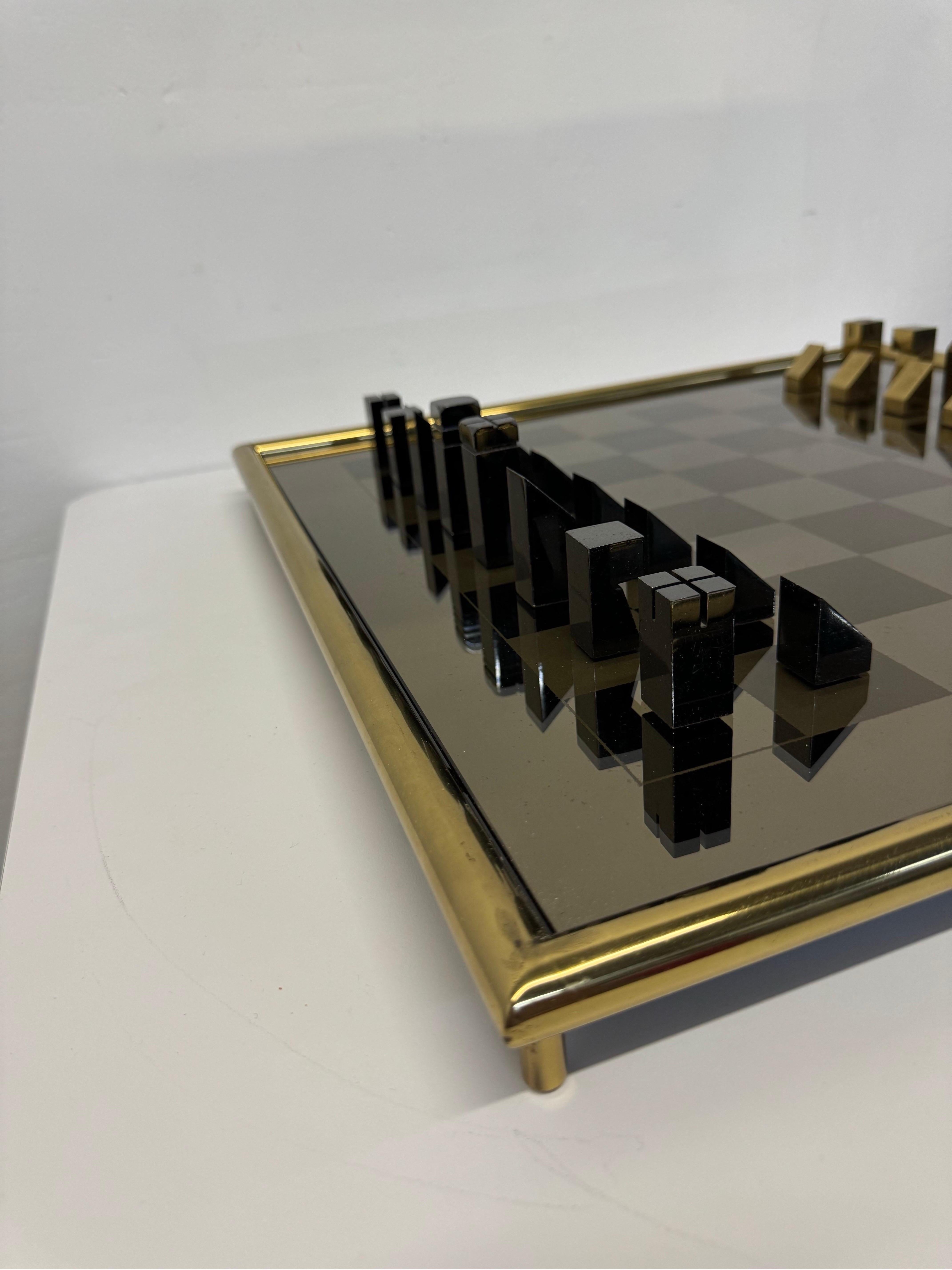 20th Century Mid-Century Brass and Gunmetal Chess Set With Mirrored Glass Inset Board, 1970s For Sale