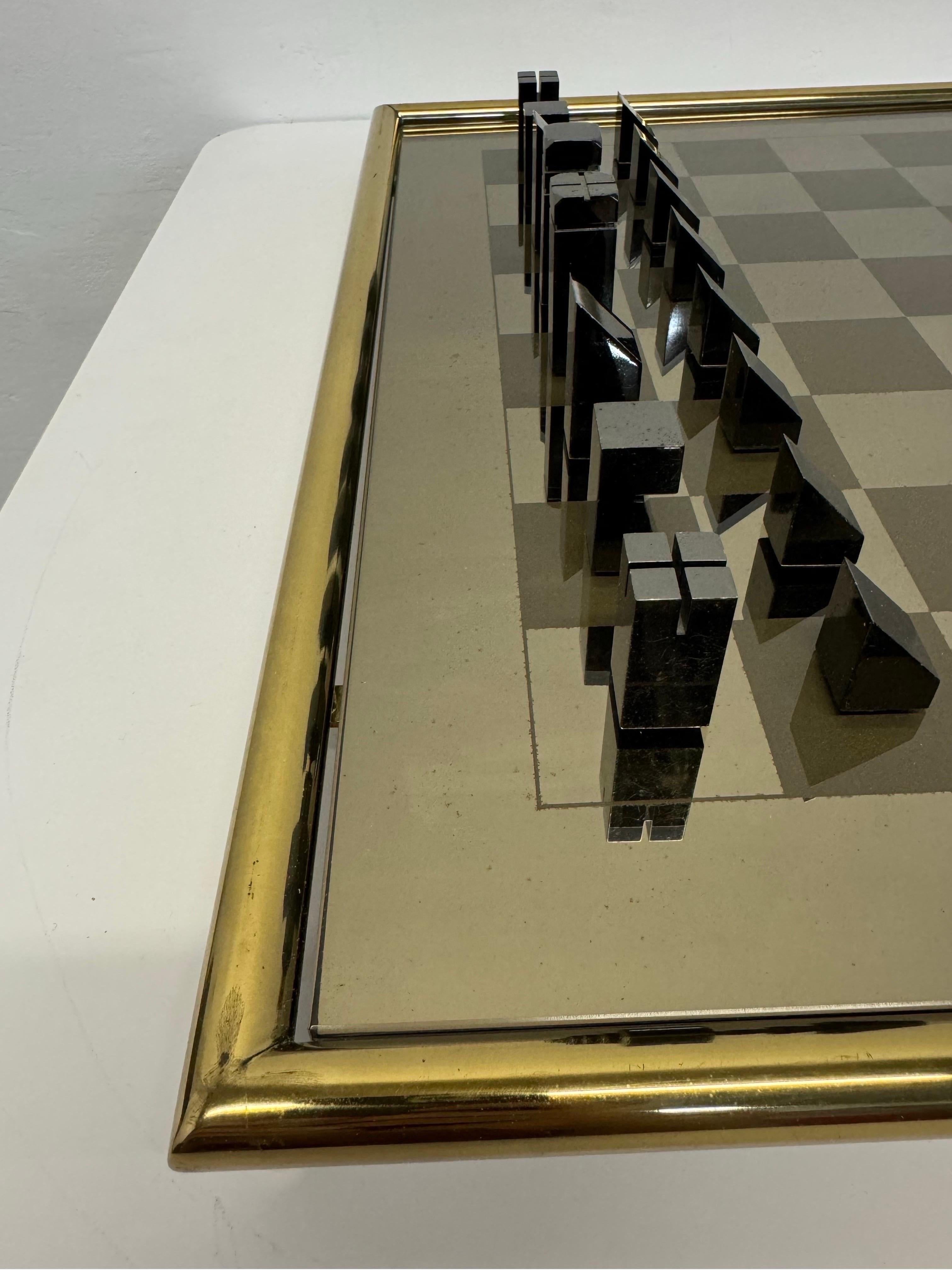 Metal Mid-Century Brass and Gunmetal Chess Set With Mirrored Glass Inset Board, 1970s For Sale