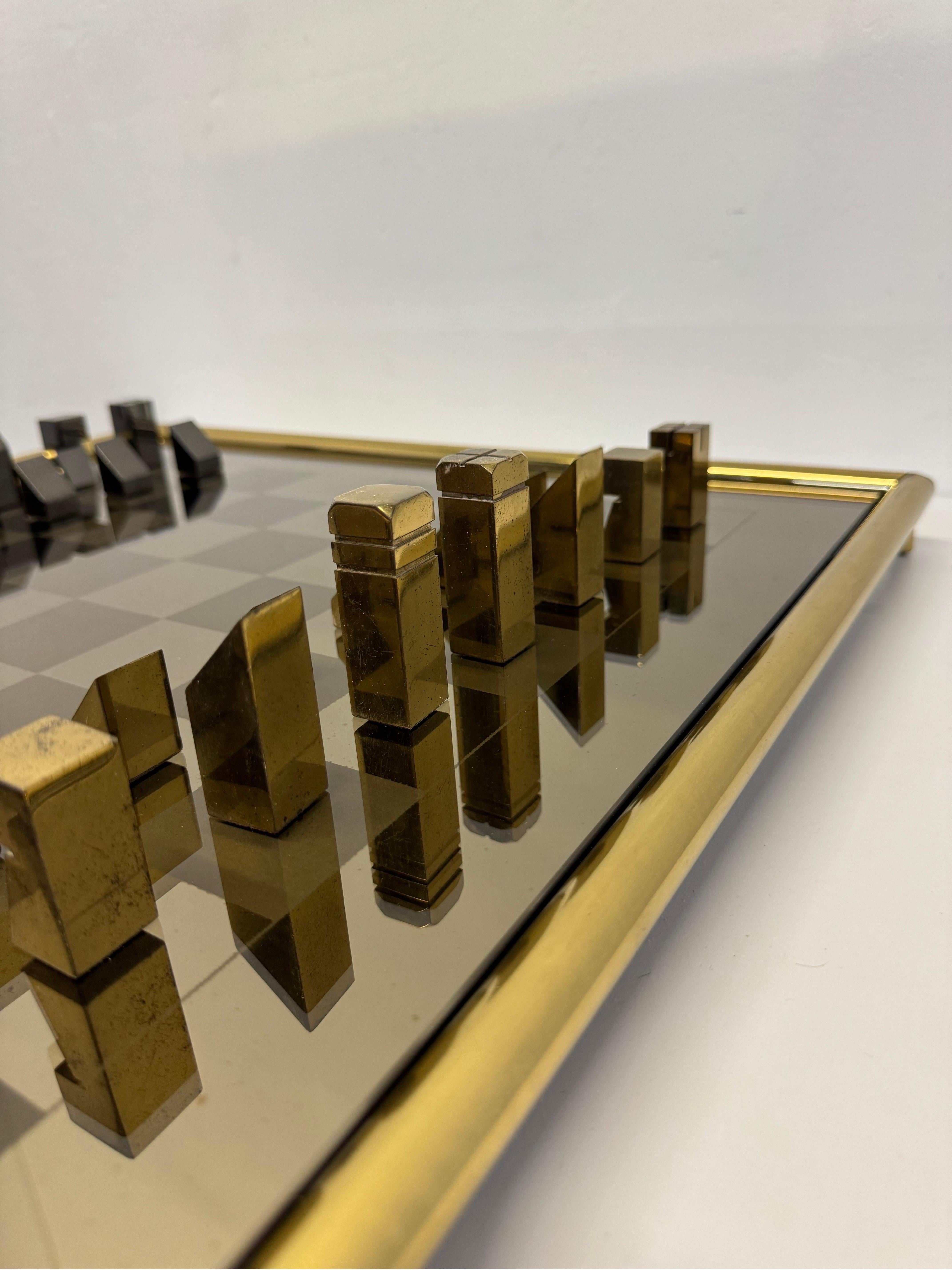 Mid-Century Brass and Gunmetal Chess Set With Mirrored Glass Inset Board, 1970s For Sale 2