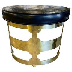 Mid Century Brass and Leather demi-lune bench.