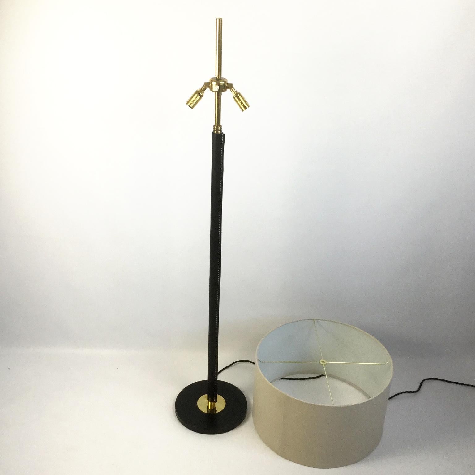 Other Black Leather and Brass Floor Lamp in a Manner of Jacques Adnet, France, 1950s