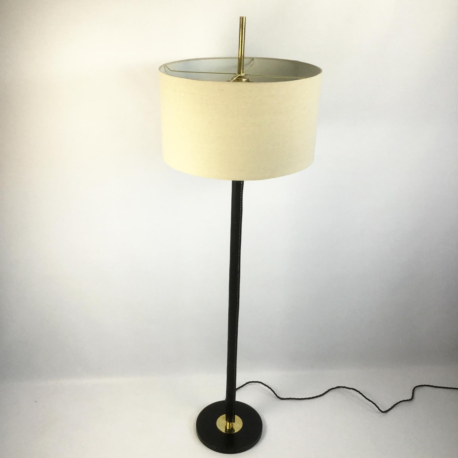Black Leather and Brass Floor Lamp in a Manner of Jacques Adnet, France, 1950s In Good Condition In London, GB