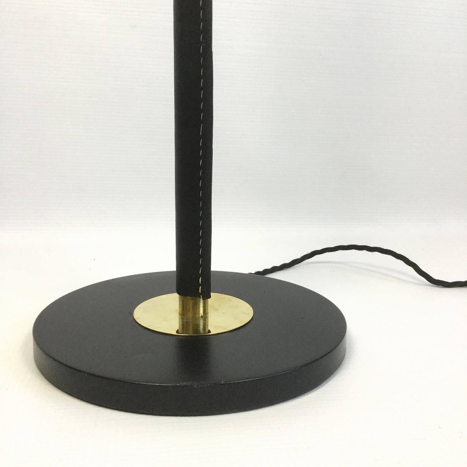Black Leather and Brass Floor Lamp in a Manner of Jacques Adnet, France, 1950s 1