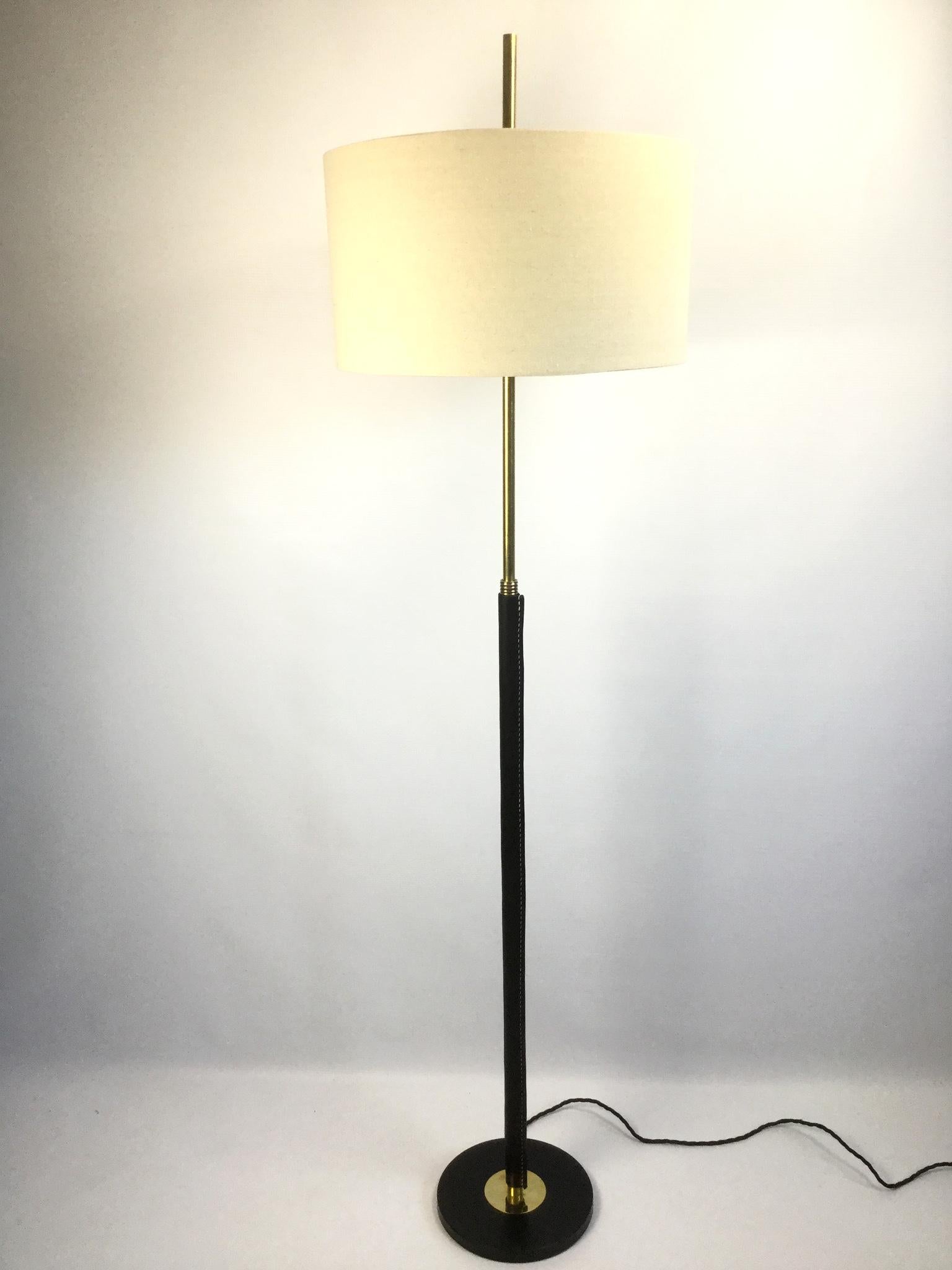 Black Leather and Brass Floor Lamp in a Manner of Jacques Adnet, France, 1950s 2