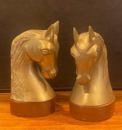 Mid-Century Brass and Leather Horse Head Bookends