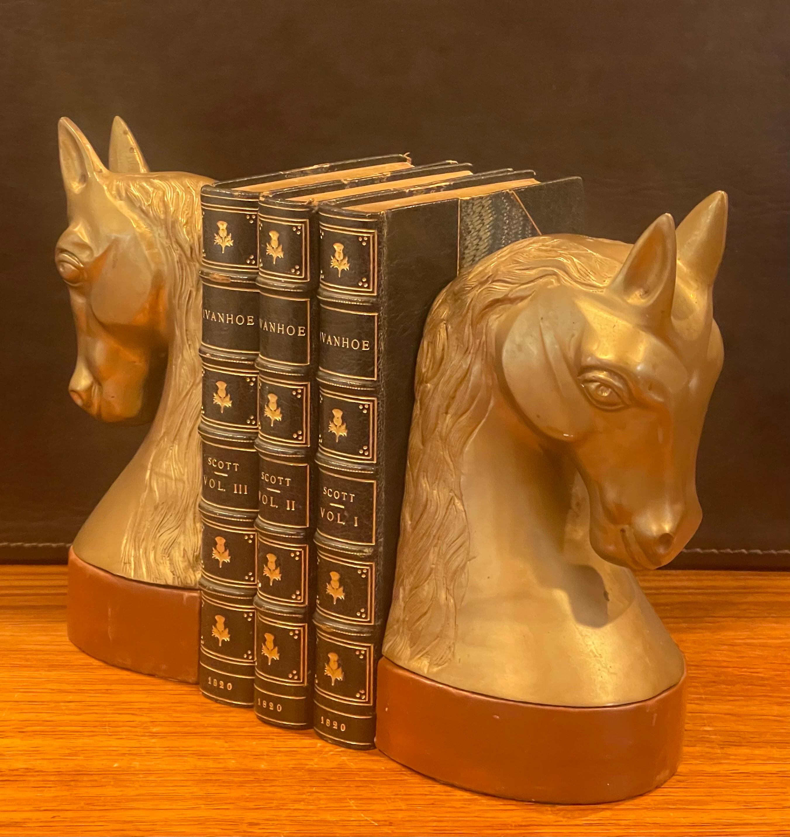 Hollywood Regency Mid-Century Brass and Leather Horse Head Bookends For Sale