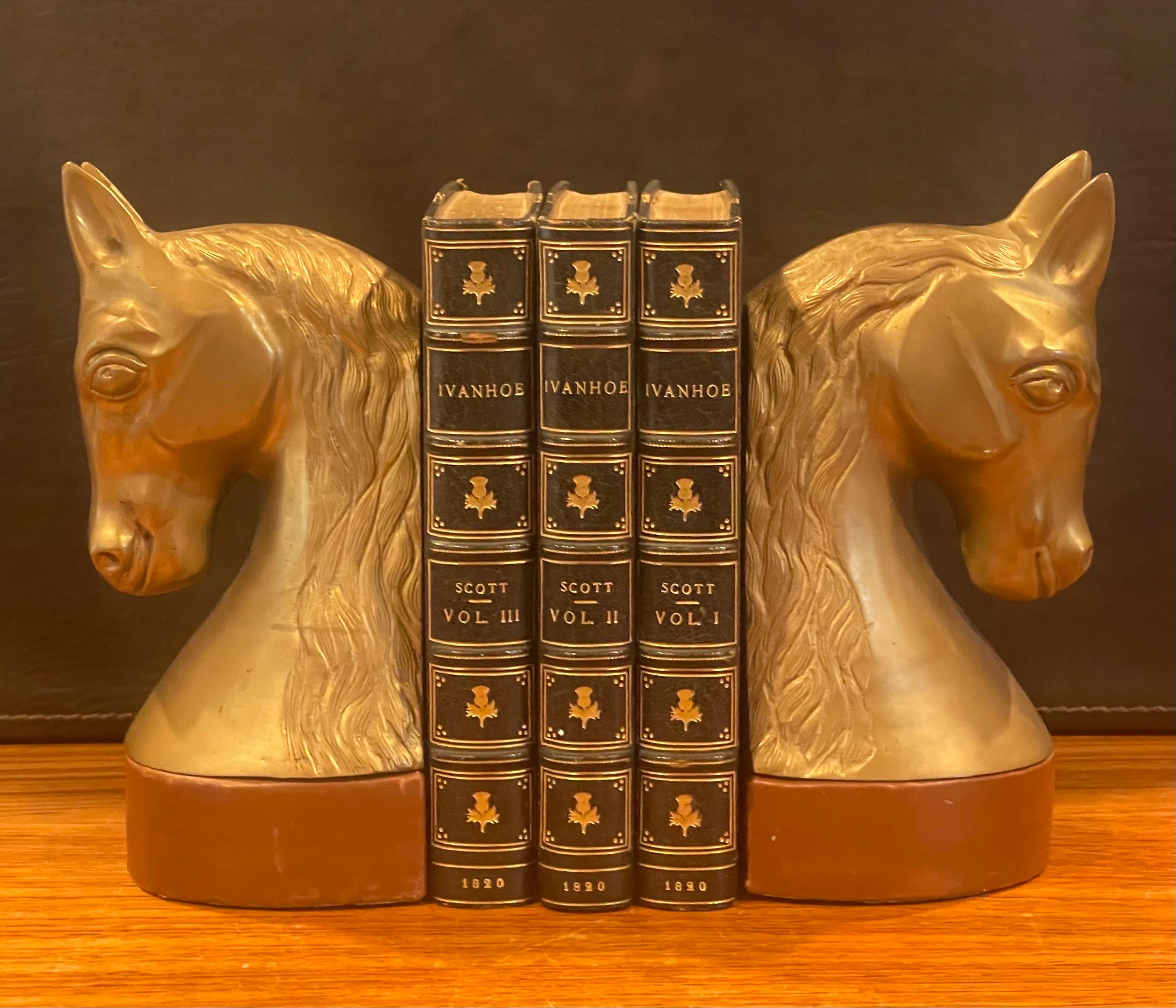 American Mid-Century Brass and Leather Horse Head Bookends For Sale