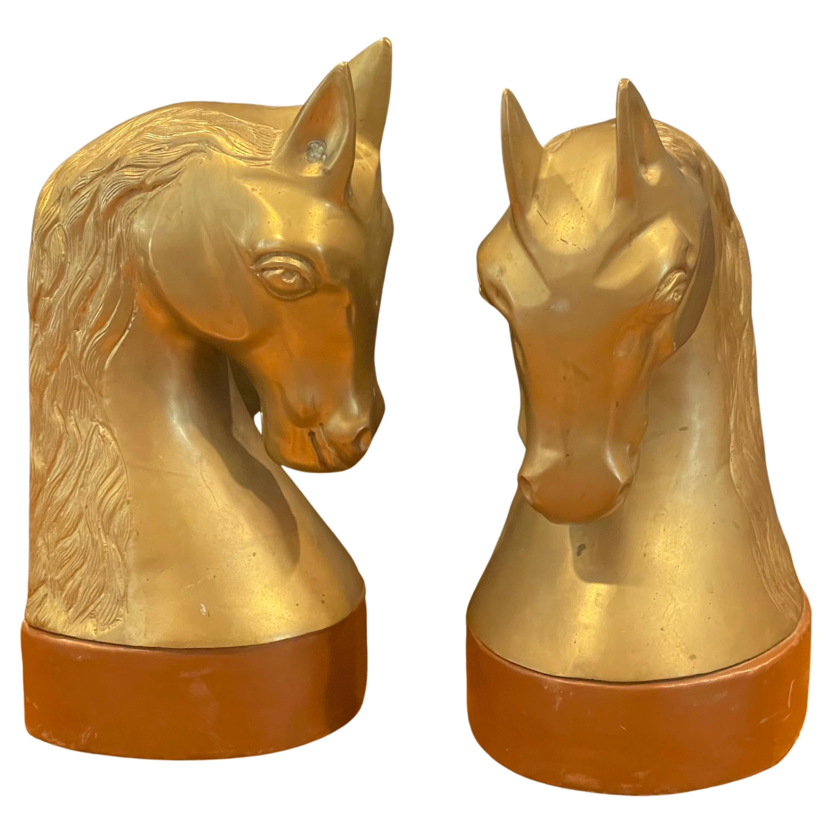 Mid-Century Brass and Leather Horse Head Bookends For Sale